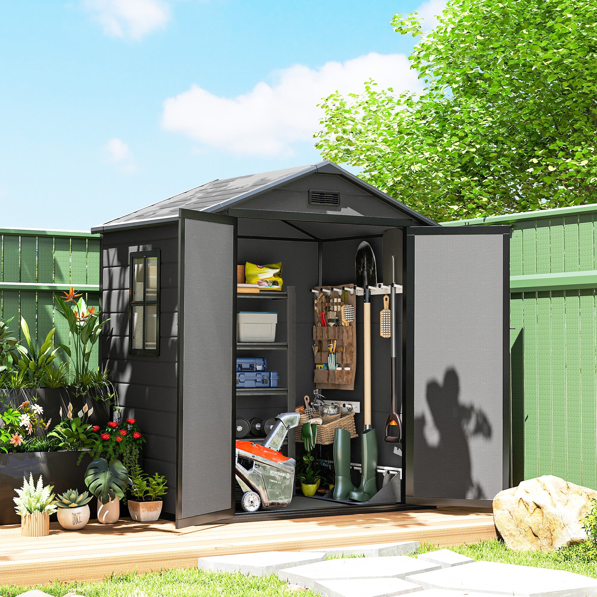 6'x4.5' Garden Storage Shed, Lockable Garden Shed with Double Doors, Window, Vent and Plastic Roof, Dark Grey