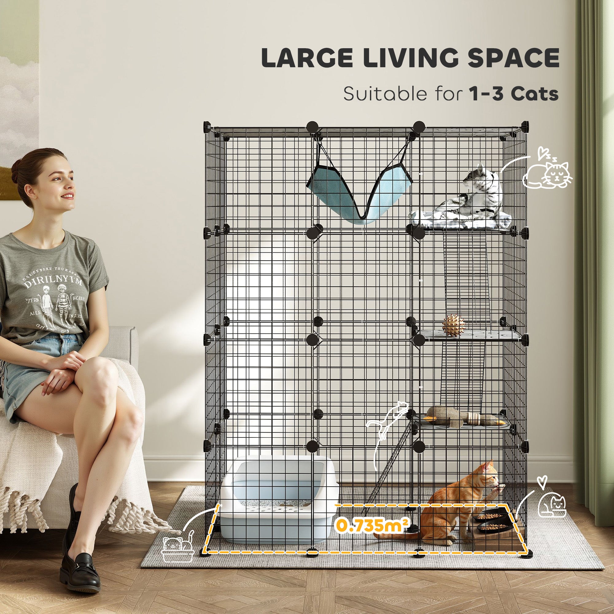 4-Tier Large DIY Indoor Cat Cage with Hammock, Ramps & 5 Doors for 1-3 Cats - Black