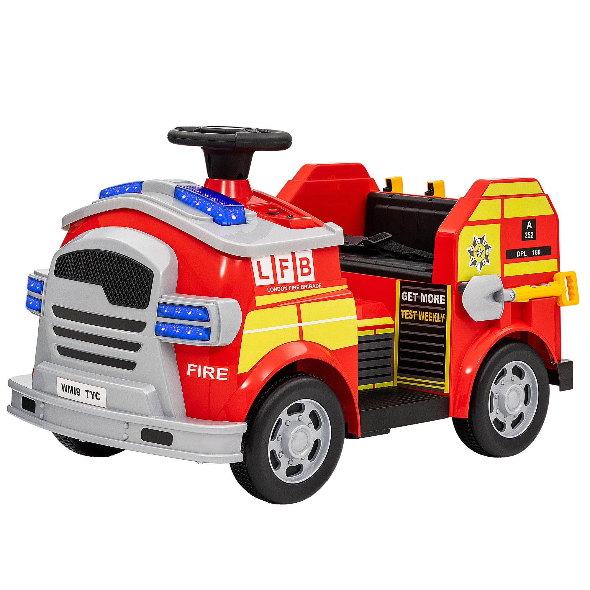 Ride on Fire Truck, 12V Kids Electric Car with Siren and Flashing Lights, Firefighting Tools, Music Horn, Slow Start