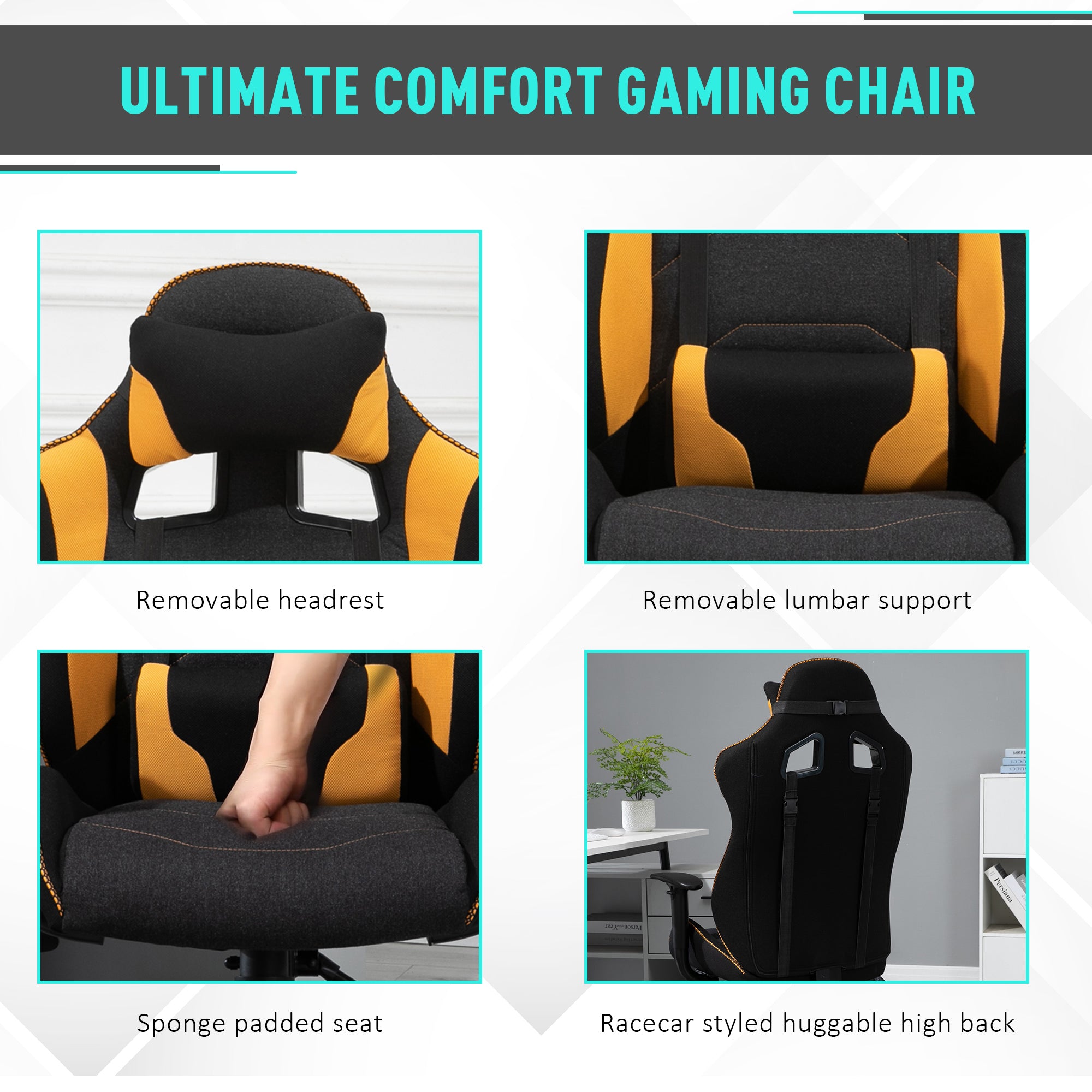 Polyester Ergonomic Gaming Chair w/ Adjustable Pillow Orange