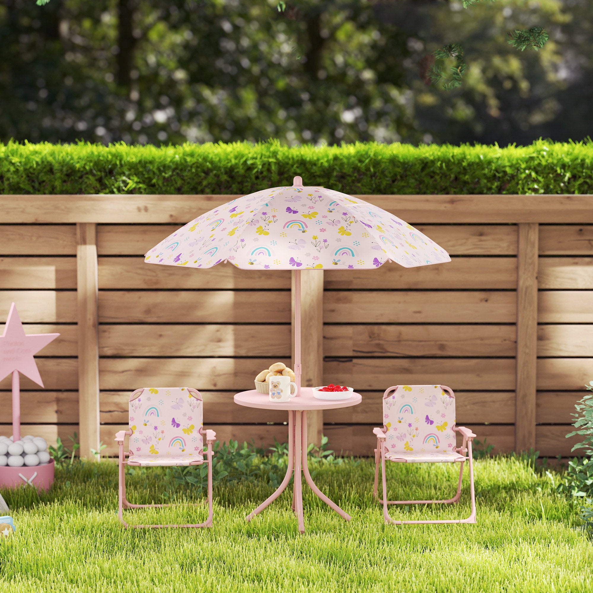 4 Pieces Kids Garden Table and Chair Set with Adjustable Parasol, Folding Chairs, Table, Rainbow Pattern, Pink