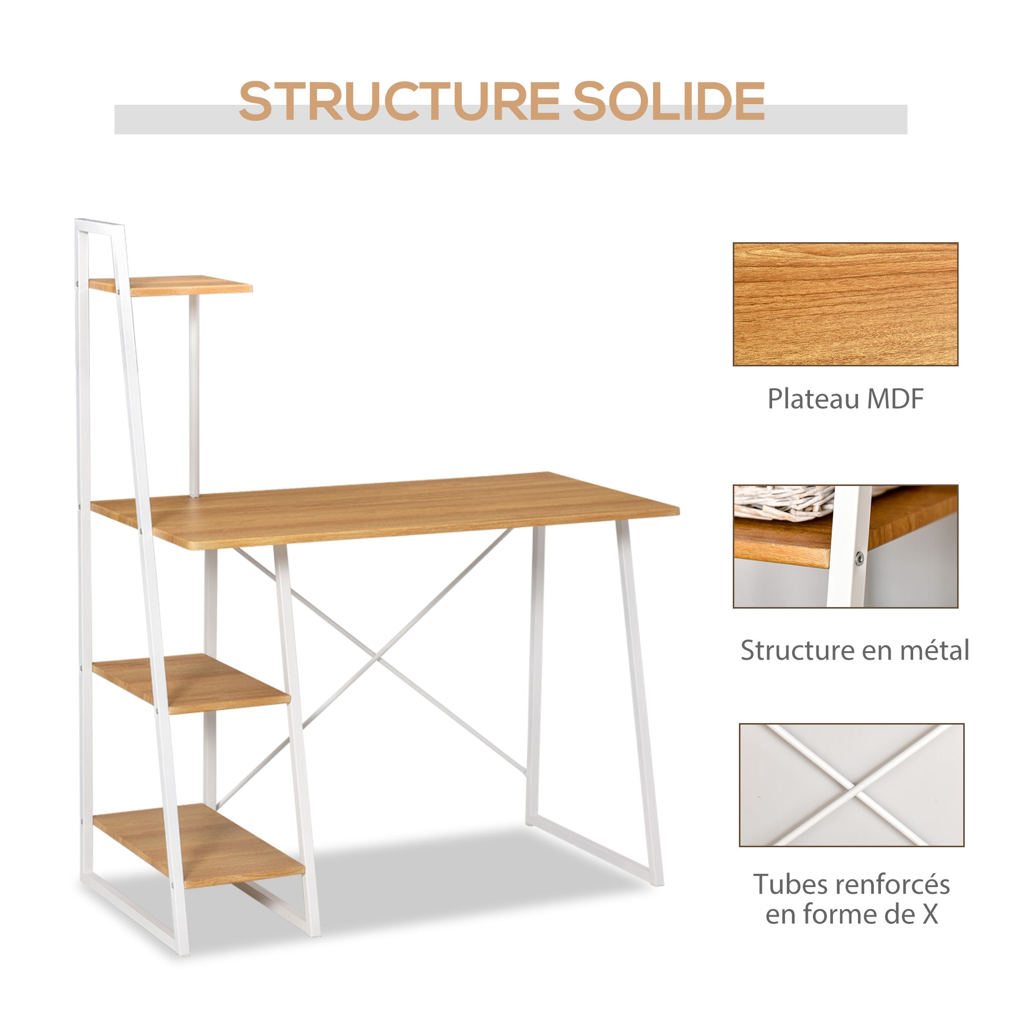 Home Office Computer Desk with 3-Tier Storage Shelves Study Writing Table Workstation for Small Space Natural