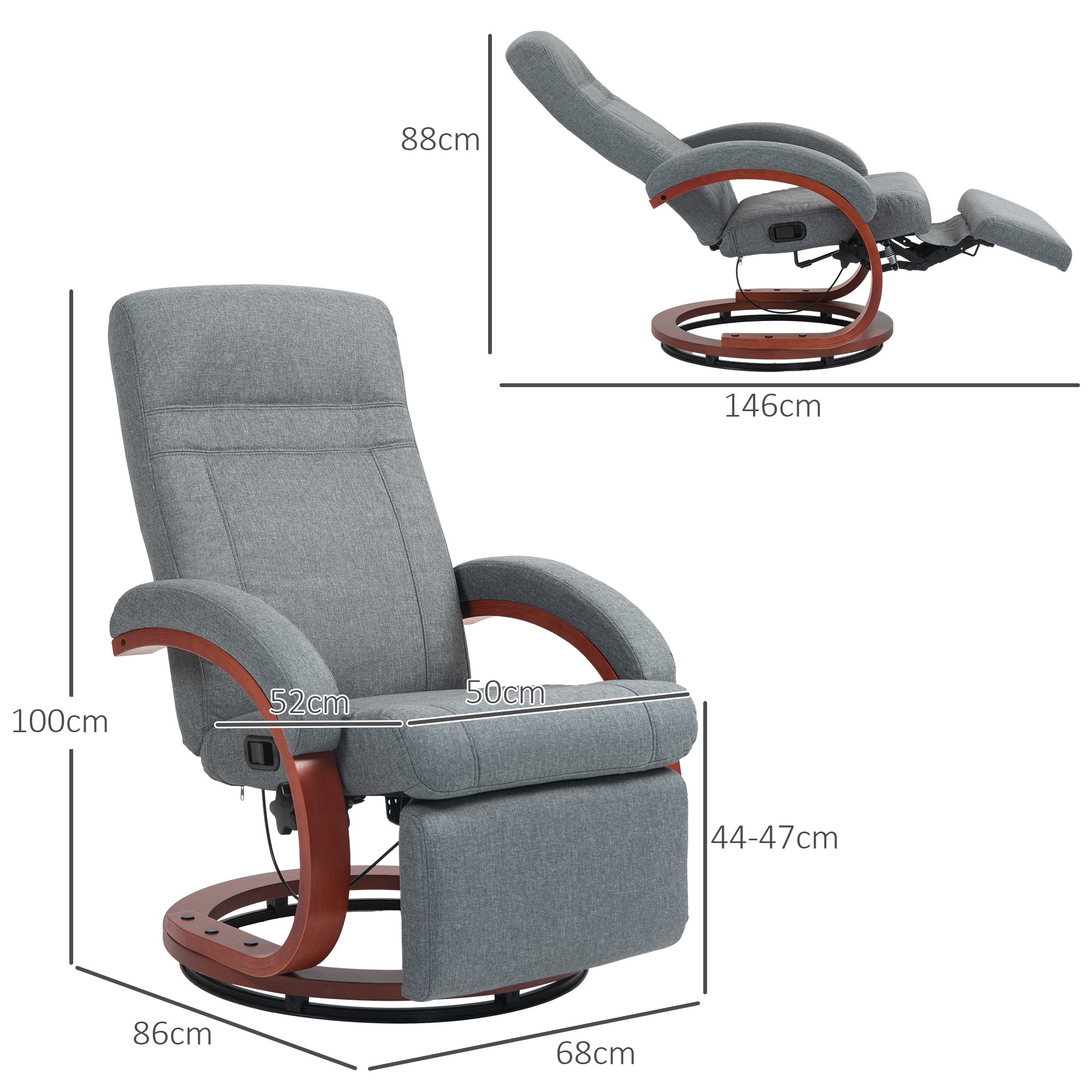 135° Manual Reclining Swivel Chair, with Footrest - Grey