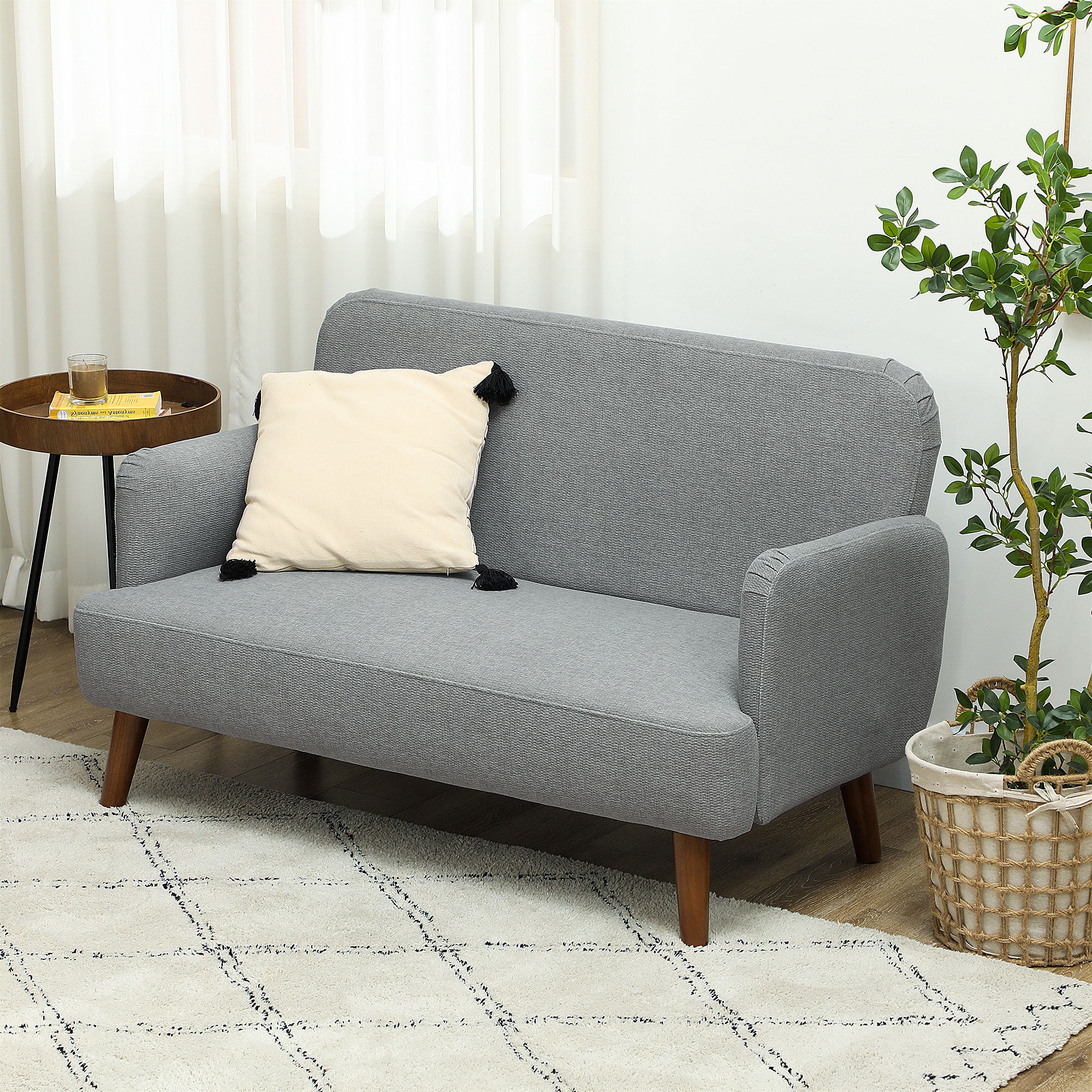 Velvet Feel Fabric 2 Seater Sofa, Small Sofa Loveseat with 21cm Thick Padding and Wood Legs, Grey