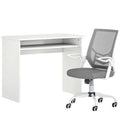 Home Office Furniture Set, Modern Computer Desk with Storage Shelf and Ergonomic Mesh Chair with Flip-Up Arms, Lumbar Support, Adjustable Height, Swivel Wheels, White and Grey