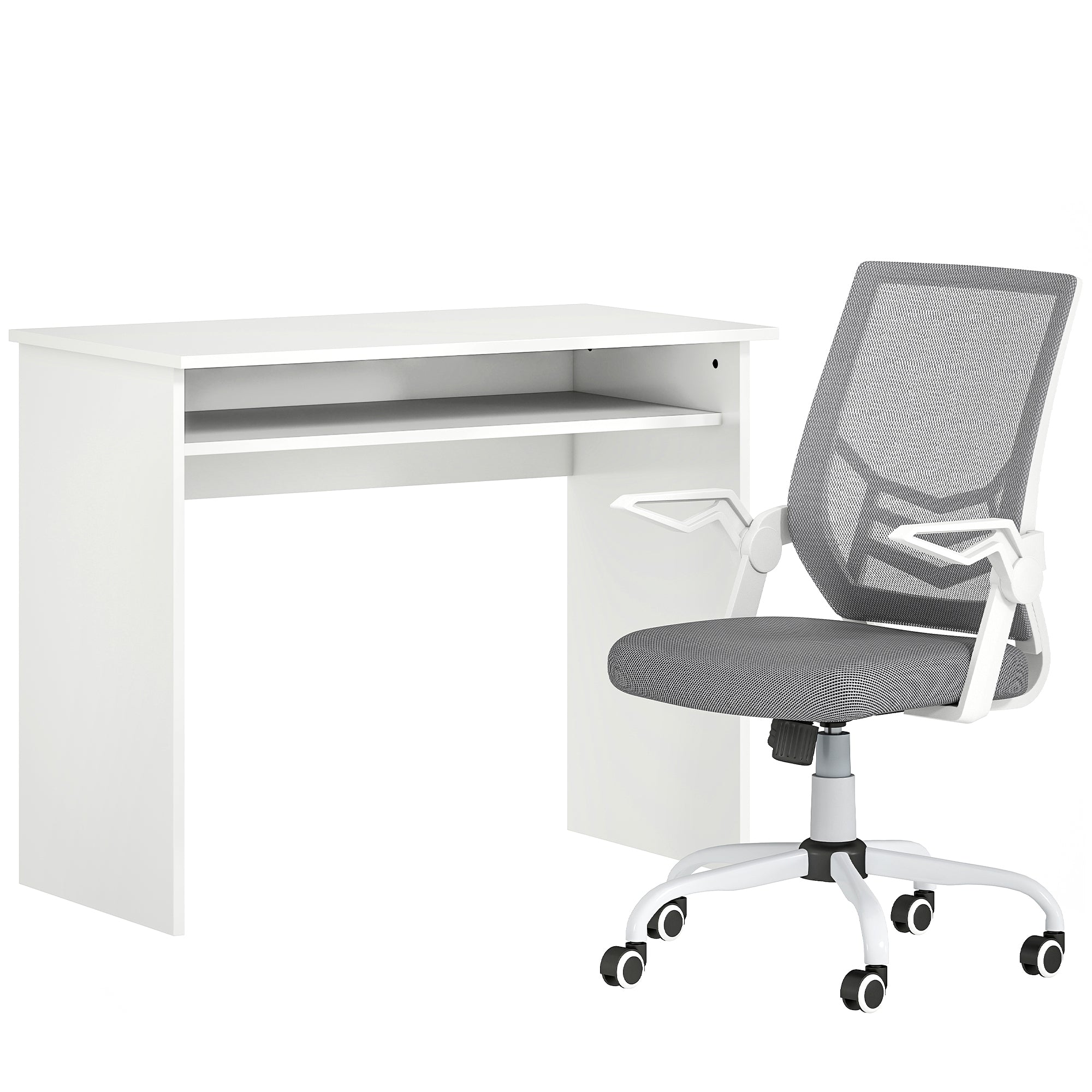 Home Office Furniture Set, Modern Computer Desk with Storage Shelf and Ergonomic Mesh Chair with Flip-Up Arms, Lumbar Support, Adjustable Height, Swivel Wheels, White and Grey