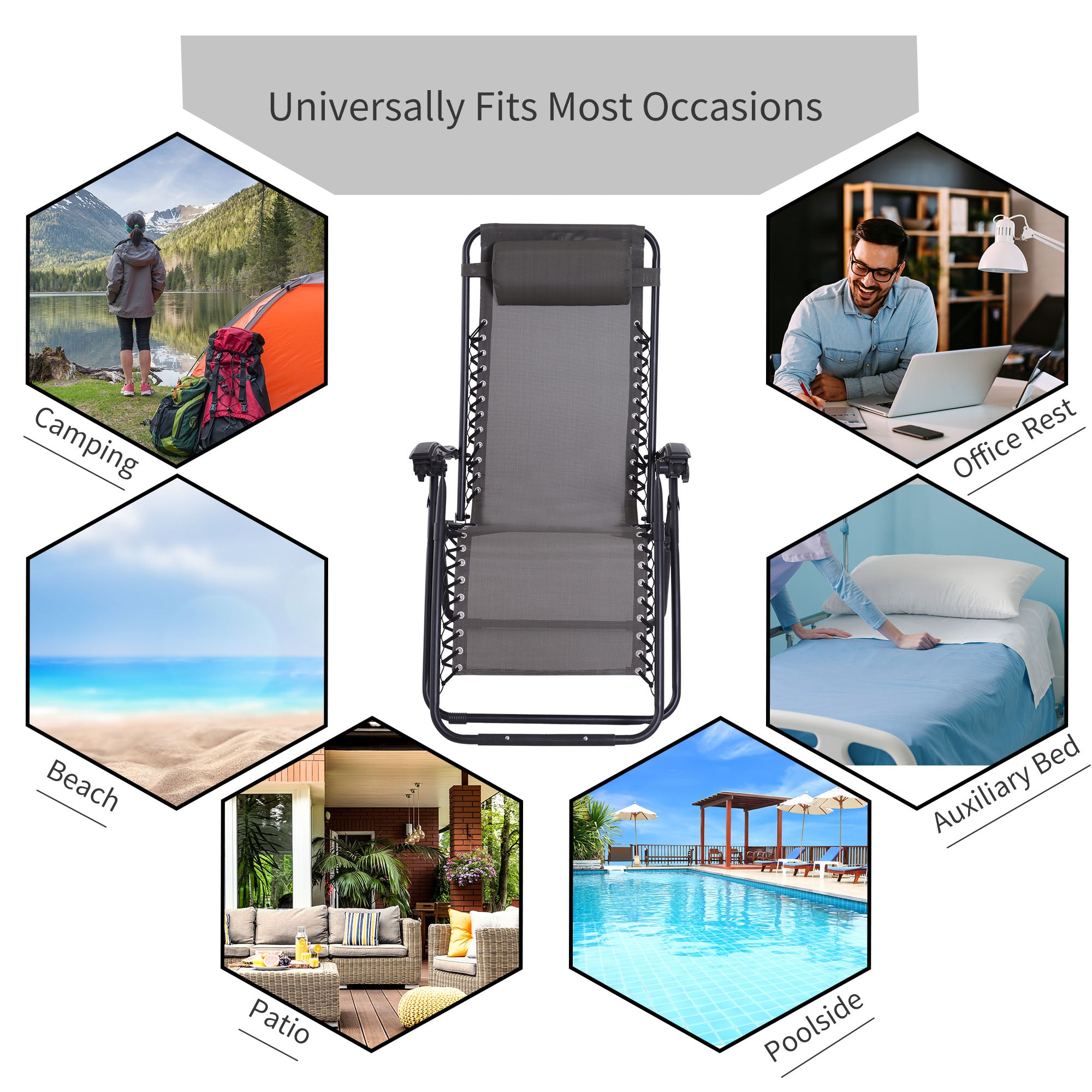 Zero Gravity Chair Set of 2, Metal Frame Texteline Armchair Outdoor Folding and Reclining Sun Lounger with Head Pillow for Patio Decking Gardens Camping, Grey