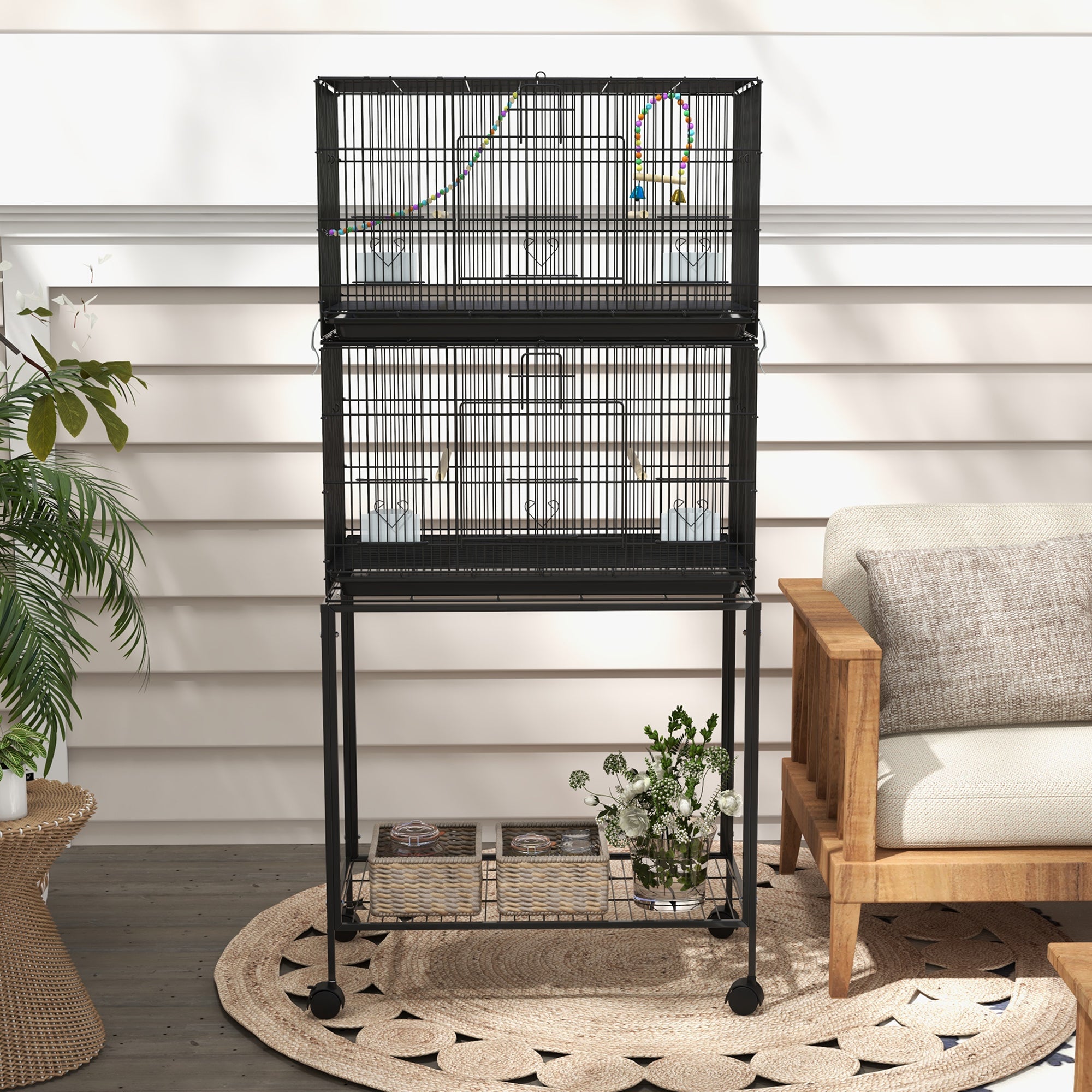 Two-Tier Bird Cage on Wheels, with Stand, for Small Birds