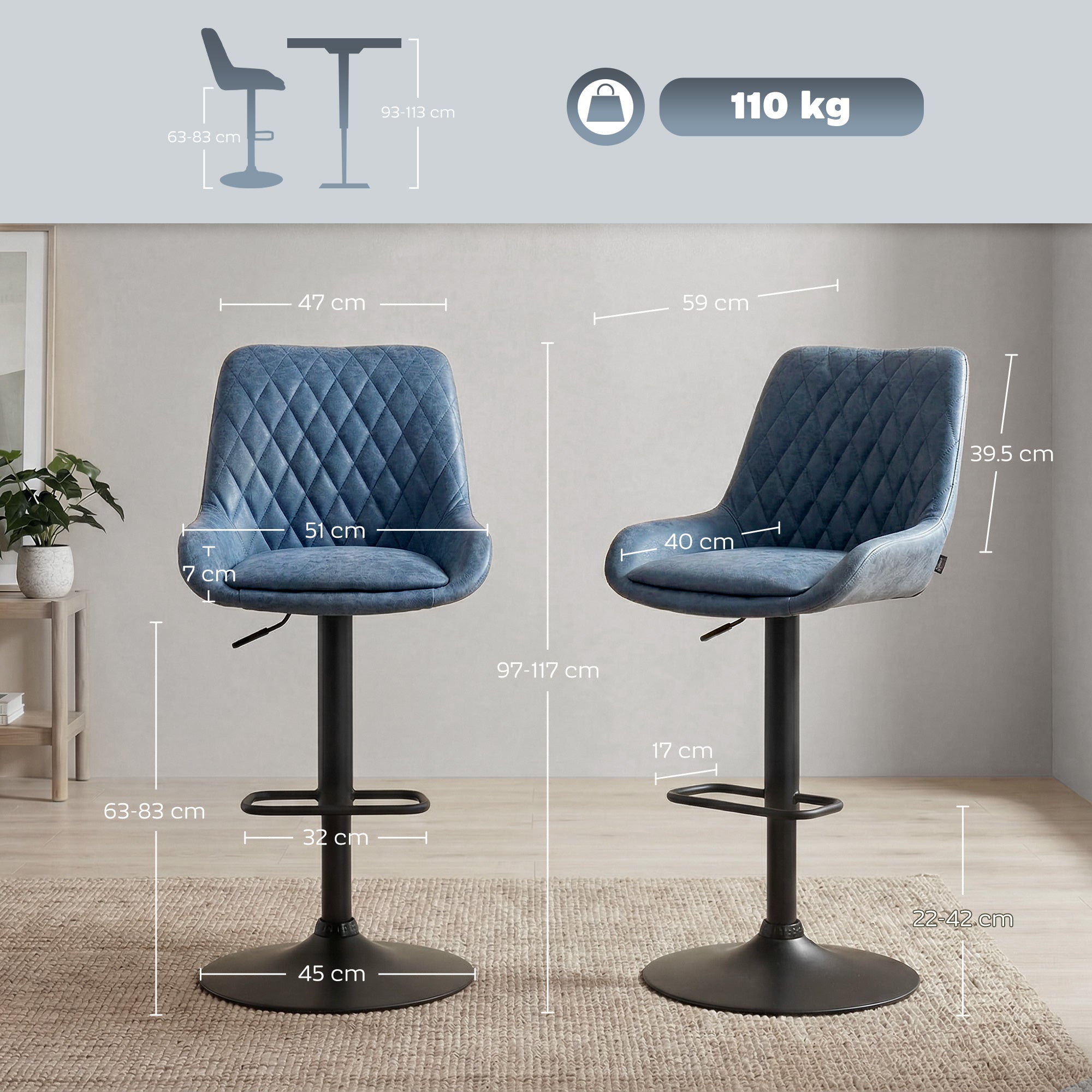 Set of Two Faux Leather Retro Bar Stools - Dark Blue