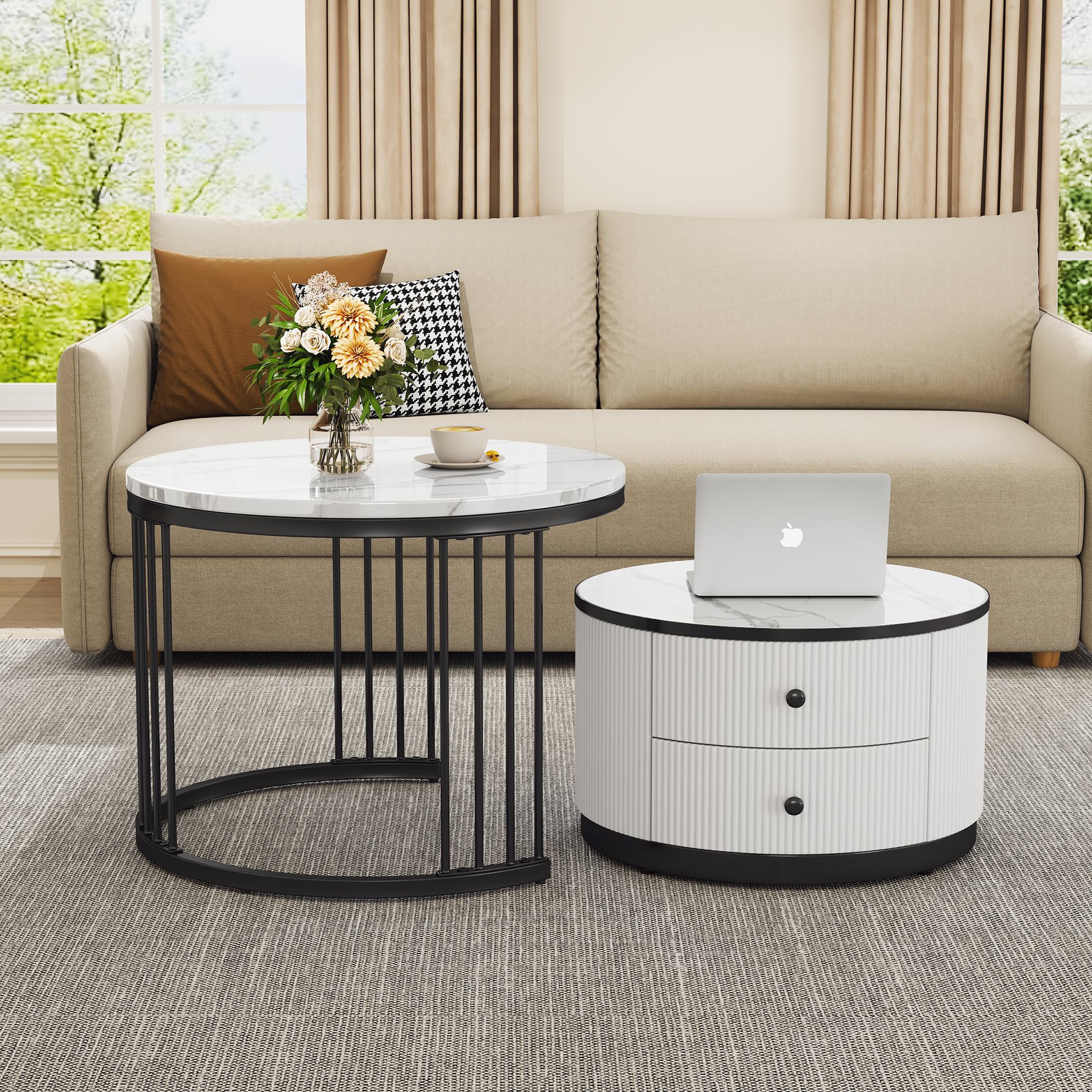 High Gloss Round Nesting Coffee Table Set with Marble Pattern Top and Storage Drawers, Modern Centre Table for Living Room, White+Black