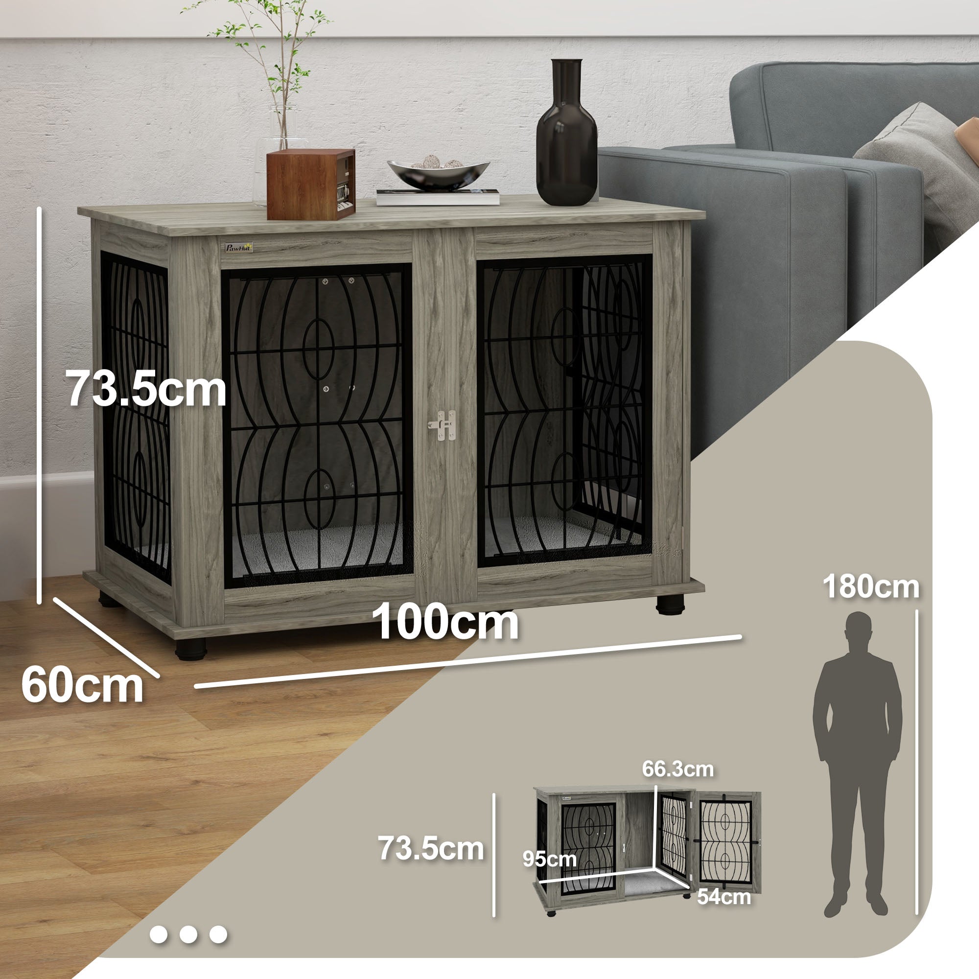 Indoor Dog Crate Furniture End Table with Soft Washable Cushion, Lockable Front Door, for Large Dogs - Grey