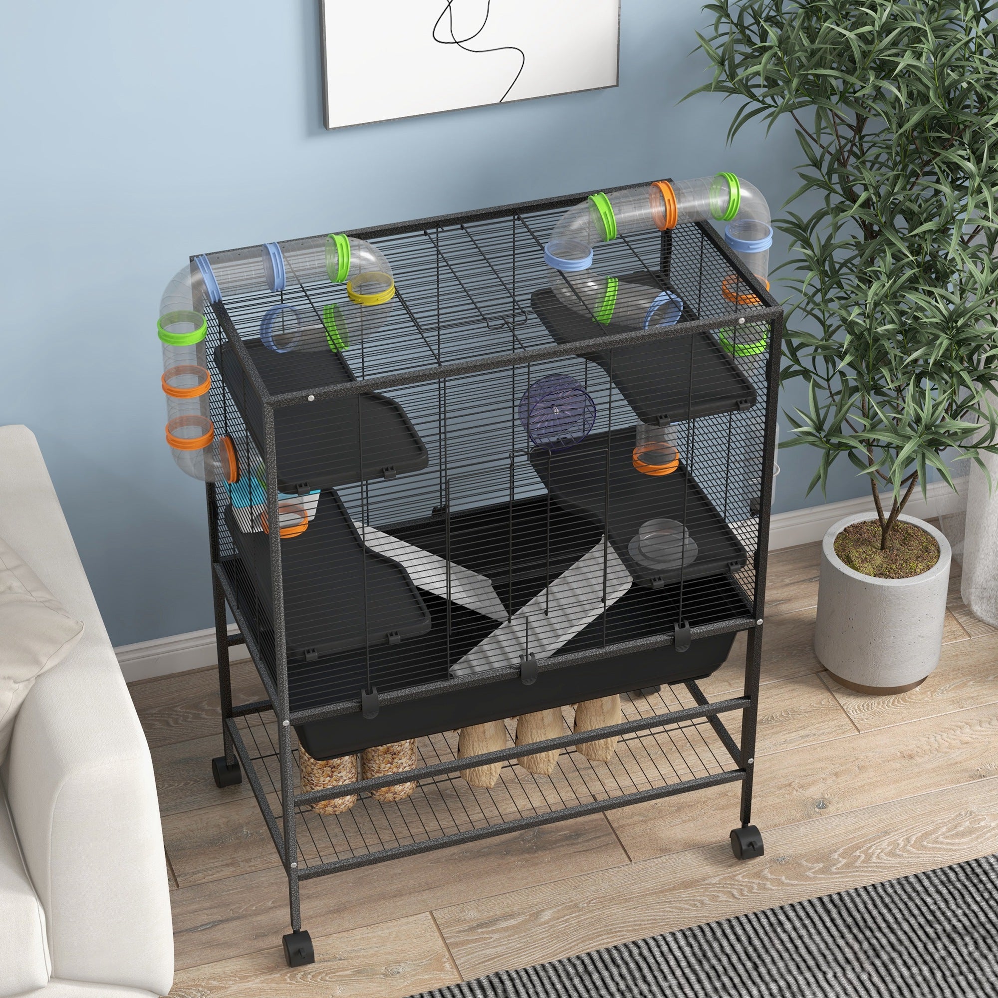 Large Hamster Cage, Gerbil Cage with Tubes, Storage Shelf, Ramps, Platforms, Running Wheel - Black