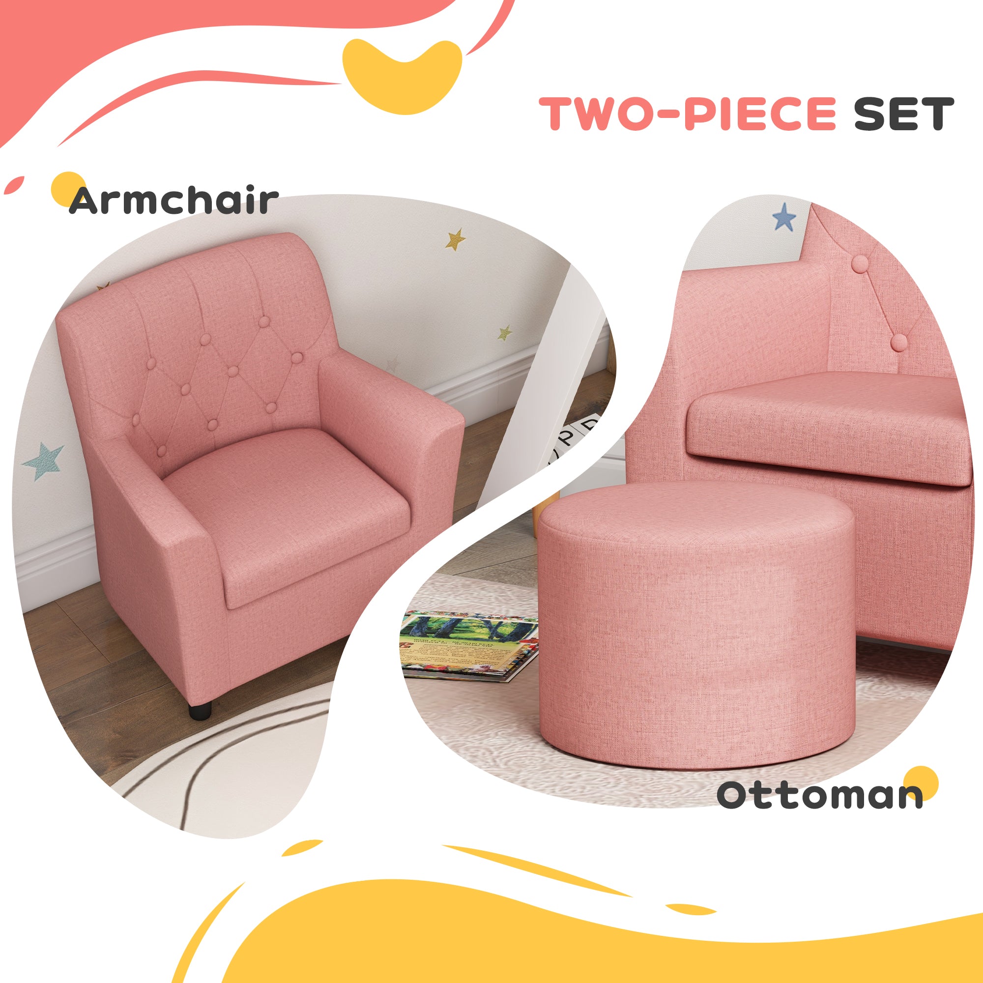 2PCs Kids Sofa Set with Footrest, for Playroom, Bedroom, Pink