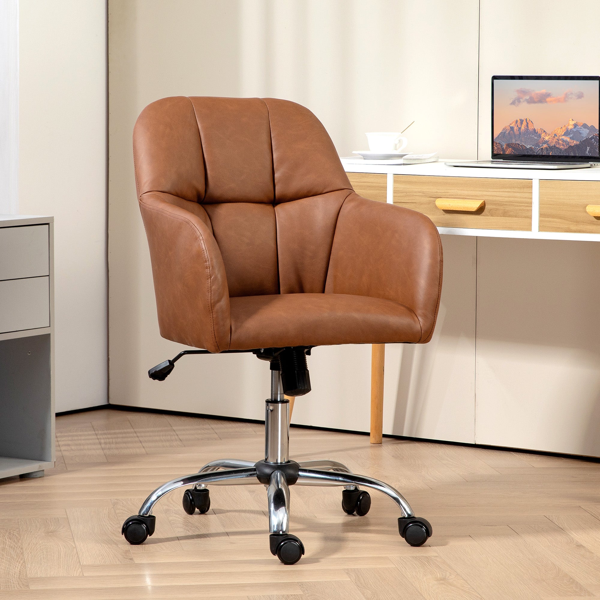 Faux Leather Tub Office Chair, with Wheels - Brown