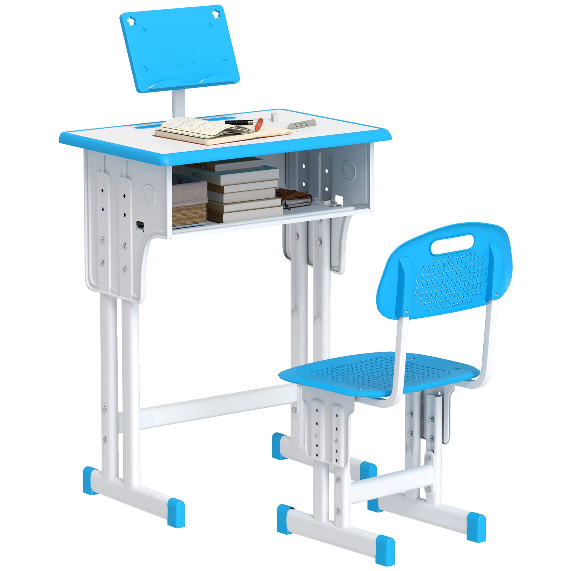 Kids Adjustable Desk and Chair Set, Book Stand, Pen Slot - Blue