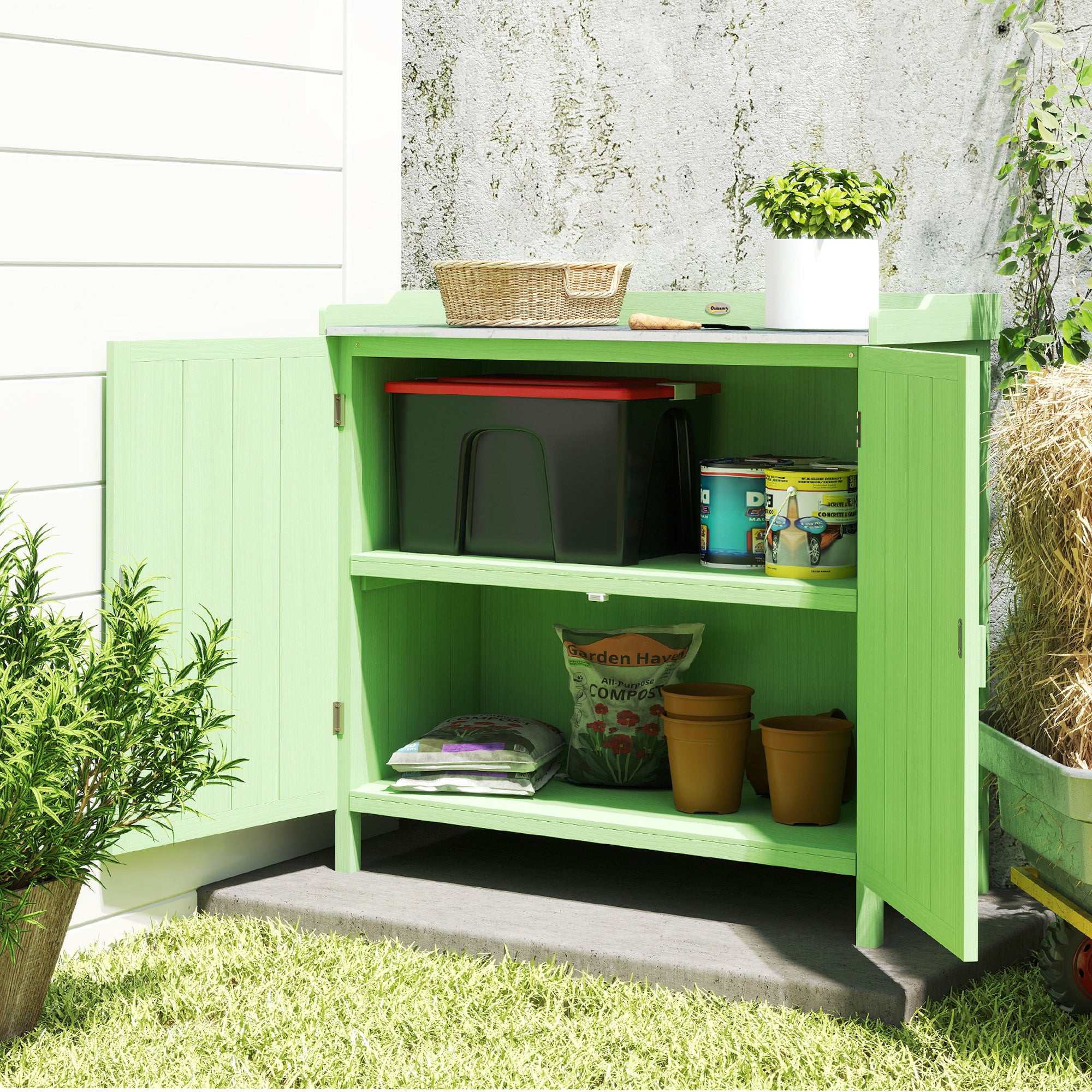 Wood Garden Storage Cabinet, Outdoor Tool Shed, Potting Bench Table with galvanised Top and Two Shelves for garden Tools or Pool Accessories, Green