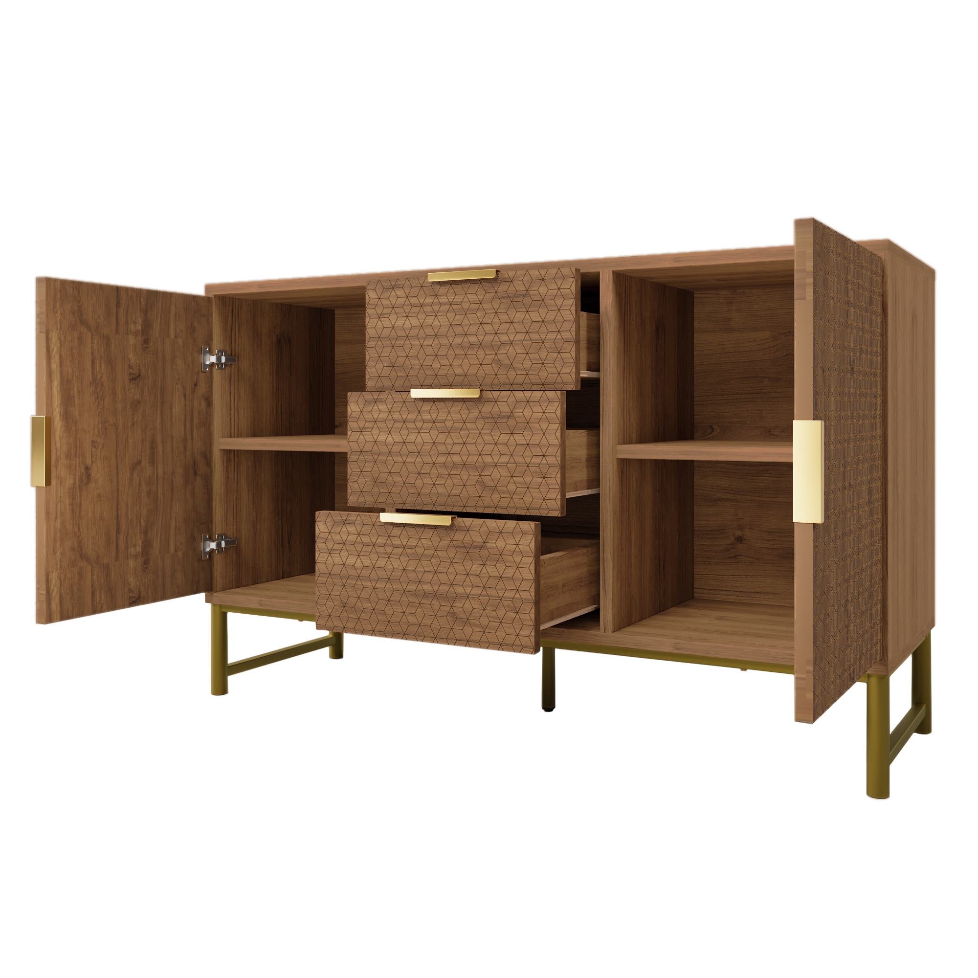 Embossed Design Sideboard Cabinet with 3 Drawers and 2 Doors, Adjustable Shelves, Anti-tip, Storage Cabinet, 120L x 40W x 75H cm, Walnut