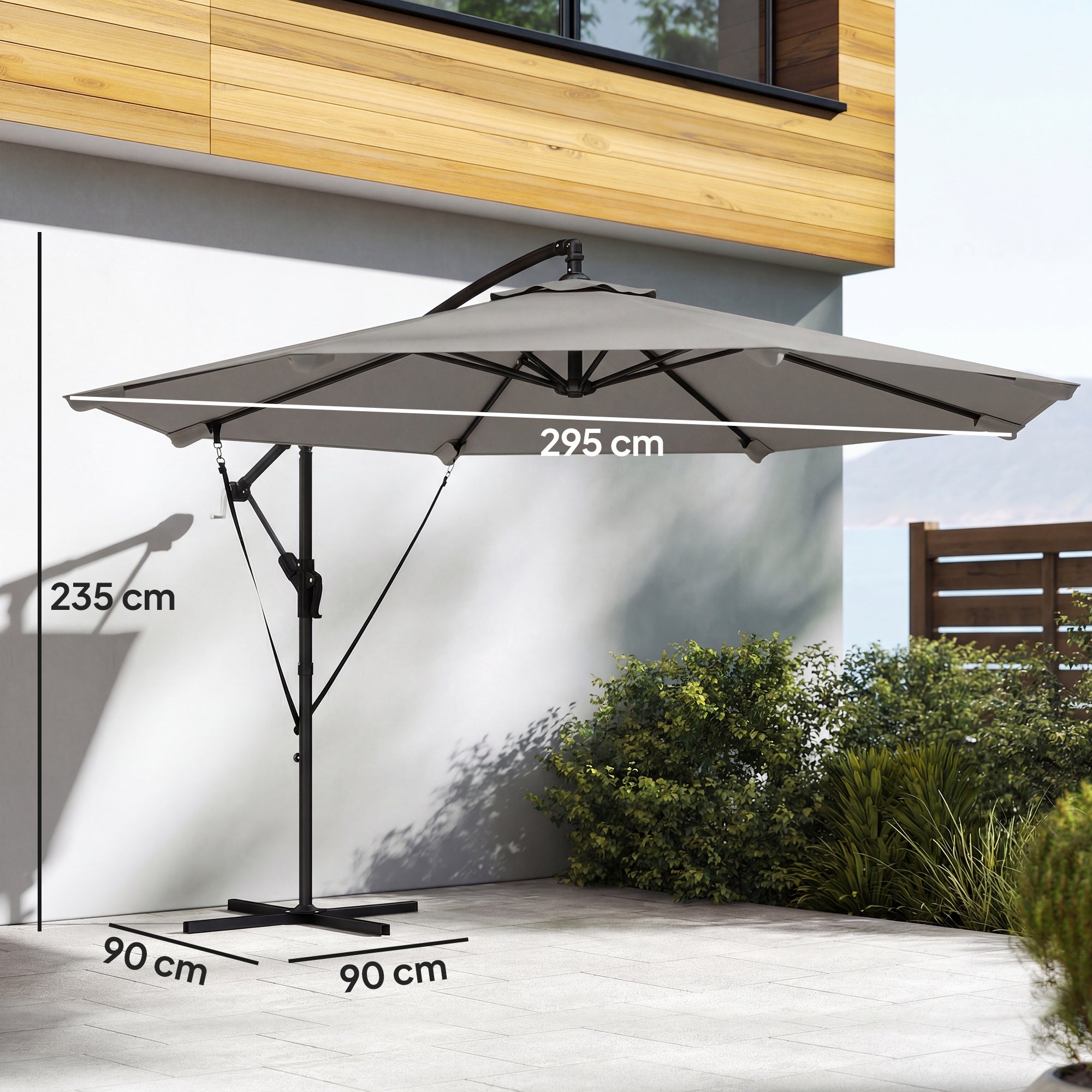 3 m Cantilever Parasol with Protective Cover and Wind Ropes, Banana Parasol with Crank Handle, Light Grey