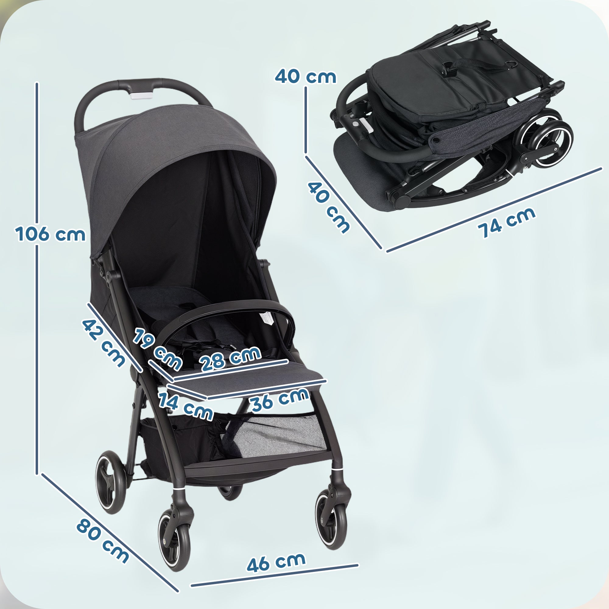 Travel Stroller, Lightweight Pushchair, Compact Buggy with Canopy, Basket and Multi-Position Recline, Dark Grey