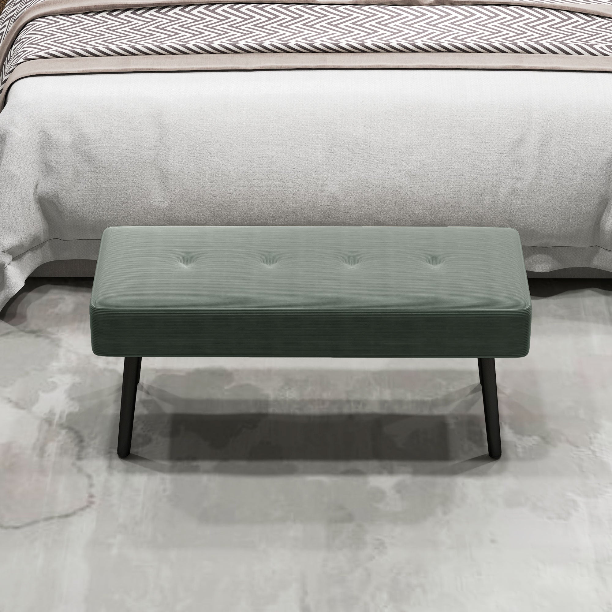 End of Bed Corduroy Bench with Thick Padding and Steel Legs - Green