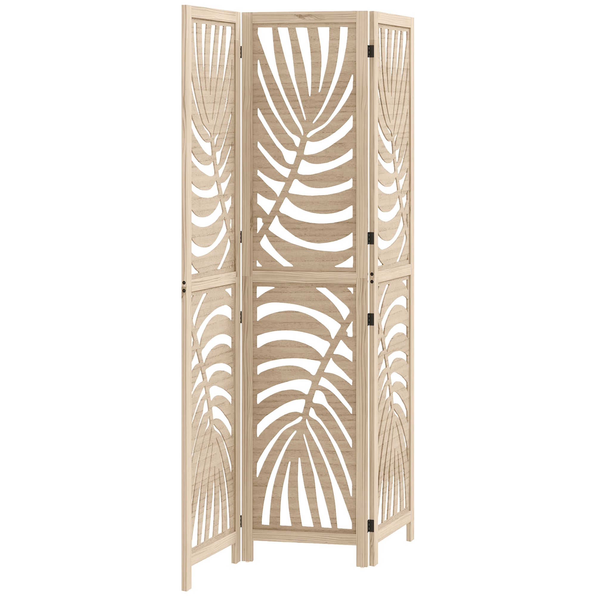 3 Panel Room Divider, Detachable Folding Privacy Screens with Palm Leaf Design for Home Office, Natural Wood Finish