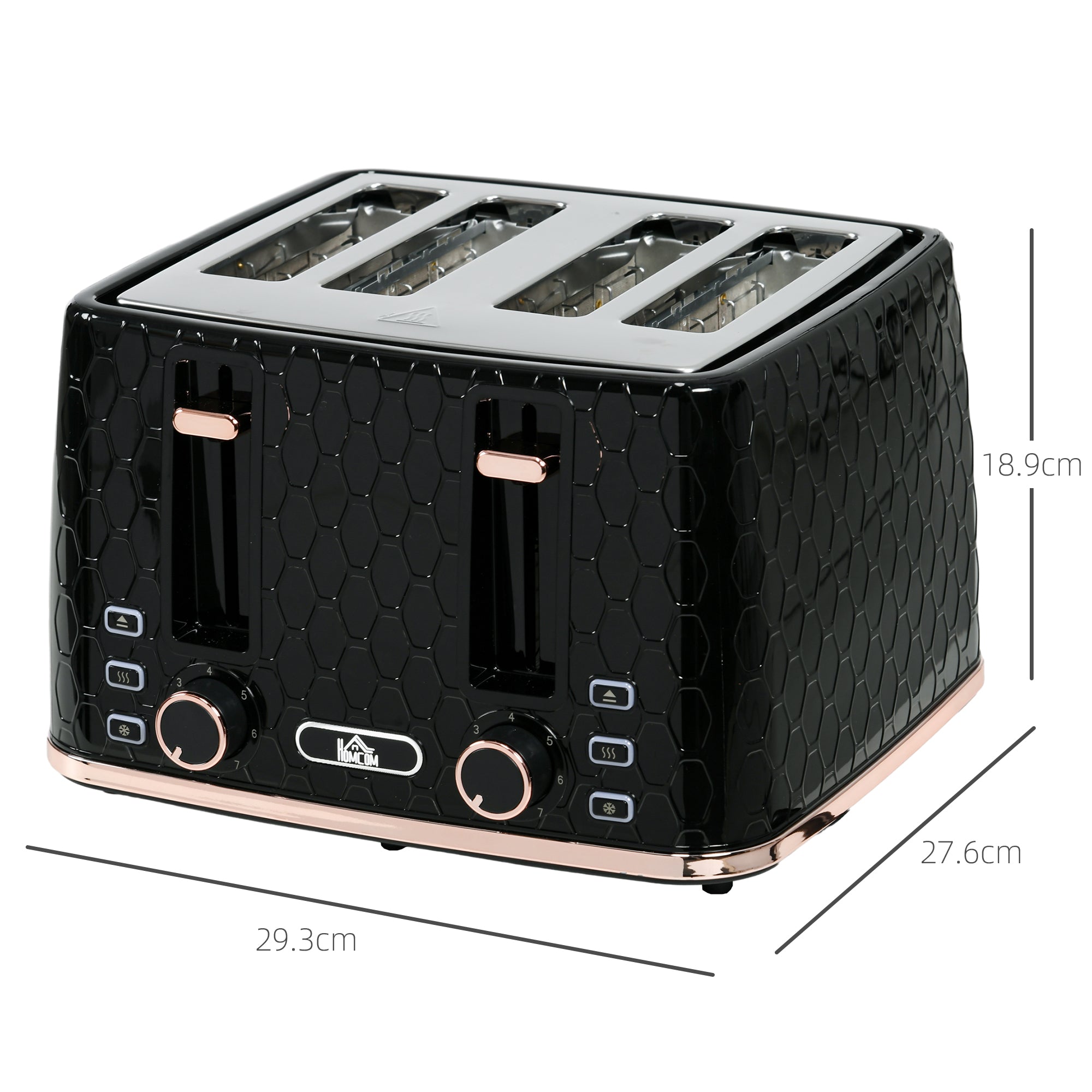 4 Slice Toaster with 7 Browning Levels, High Lift, Reheat/Defrost/Cancel, Self-centring Function, Removable Crumb Tray, Auto Off, 1600W, Black Honeycomb Texture