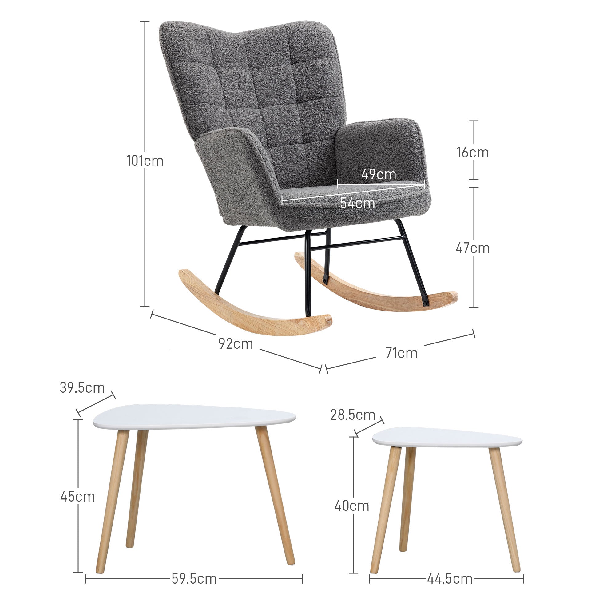 Living Room Furniture Set, Wingback Rocking Chair and Two Nesting Coffee Tables, White and Dark Grey