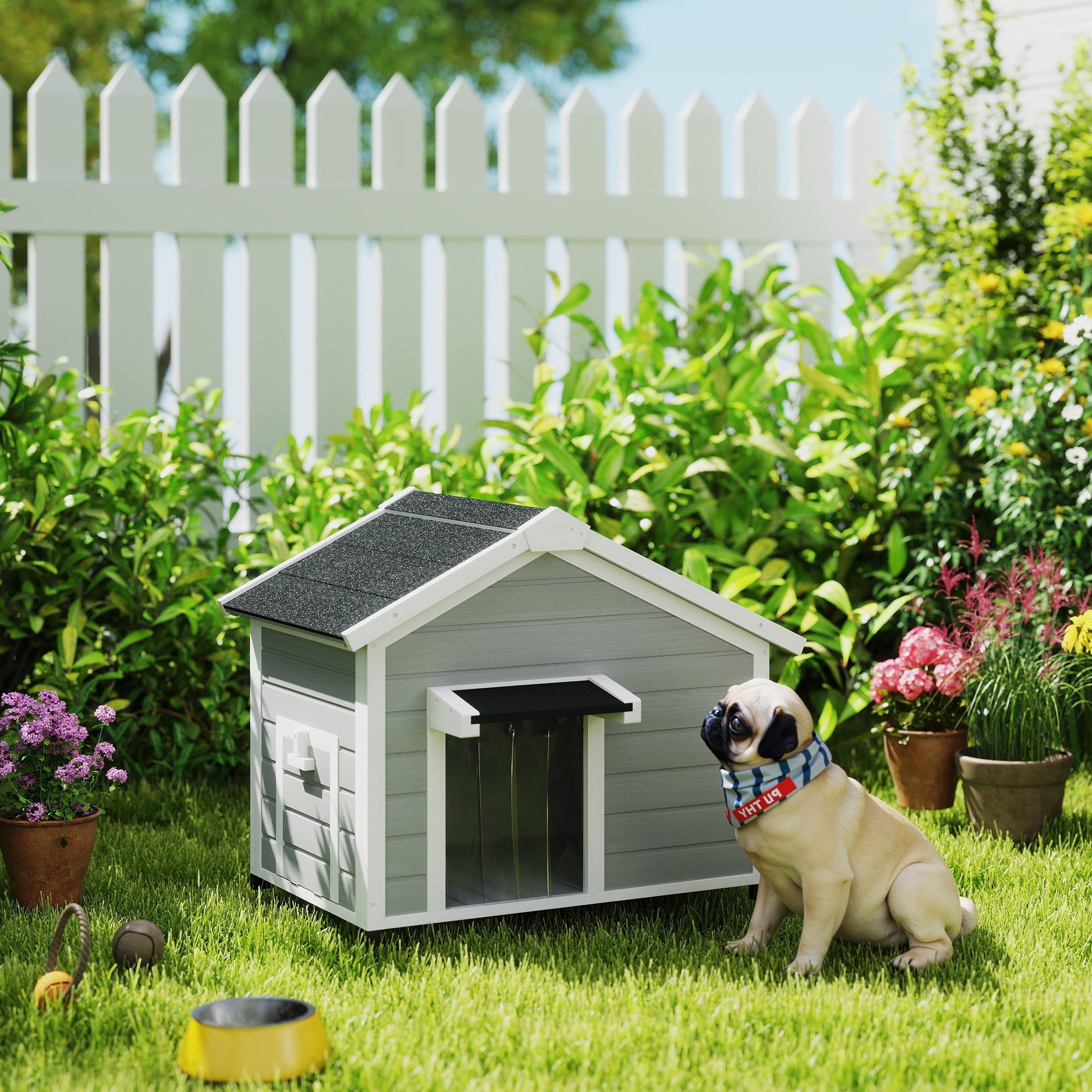 Wooden Dog House Outdoor with Openable Roof, Removable Floor, Curtain, Elevated Feet, for Medium Dogs, Light Grey