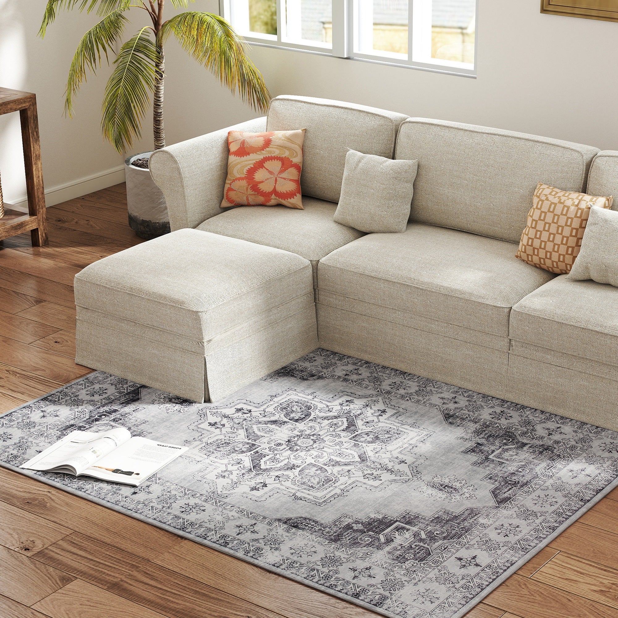 Vintage Area Rug, Non-Slip Washable Rug, Flannel Floor Carpet for Living Room, Bedroom, Dining Room, Home Office, 170 x 120 cm, Grey