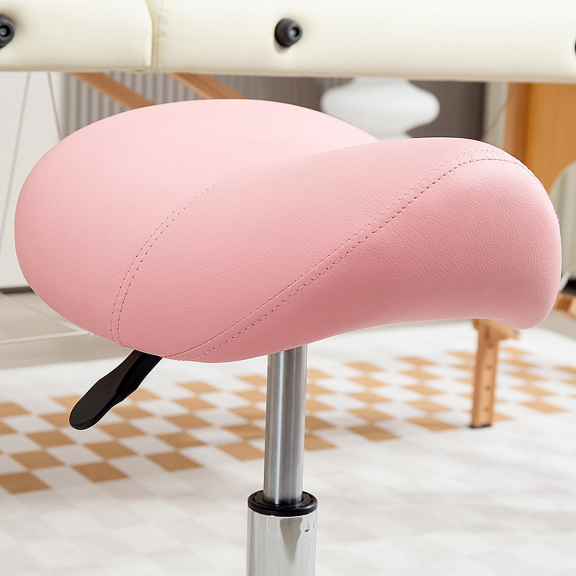 Adjustable PU Leather Saddle Stool with Steel Frame and Rolling Wheels for Salon, Spa, Tattoo - Pink