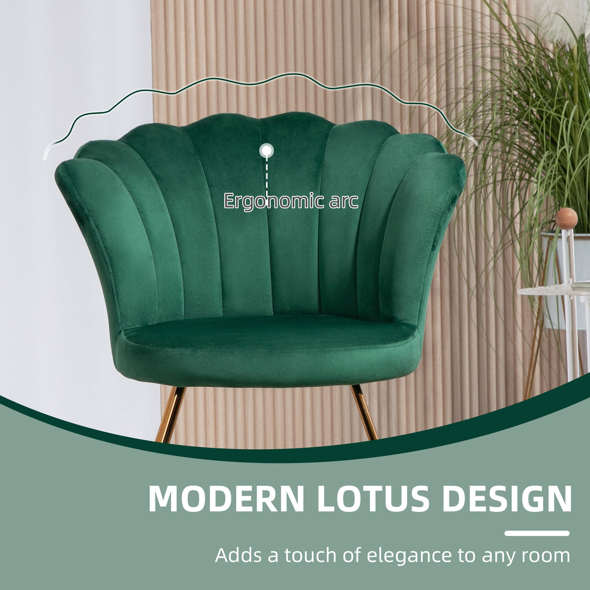 Velvet-Feel Lotus Petal Accent Chair with Steel Legs - Green