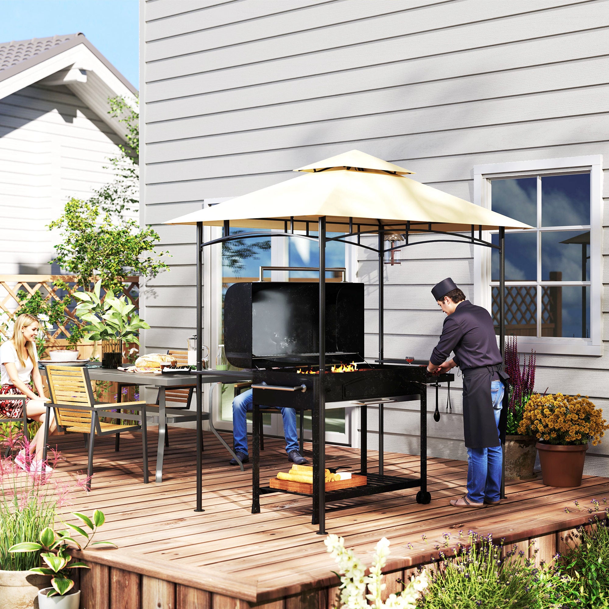 8 Foot Double Tiered BBQ Gazebo Shelter with LED Lights - Beige
