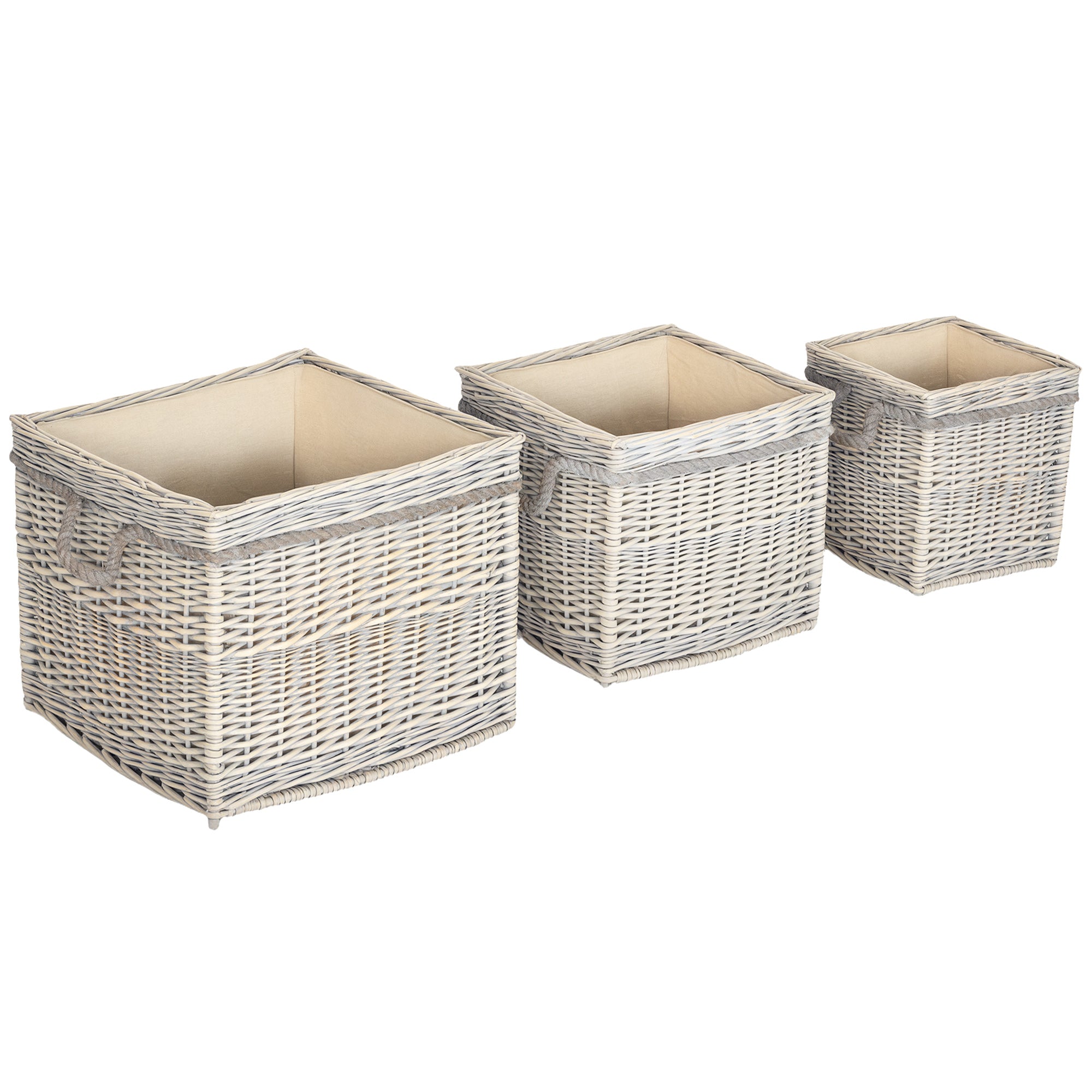 Set of 3 Log Baskets for Wood Burner Indoor, Storage Basket with Lining and Rope Handles, Wicker Basket for Fireside Storage, Blankets, Beige