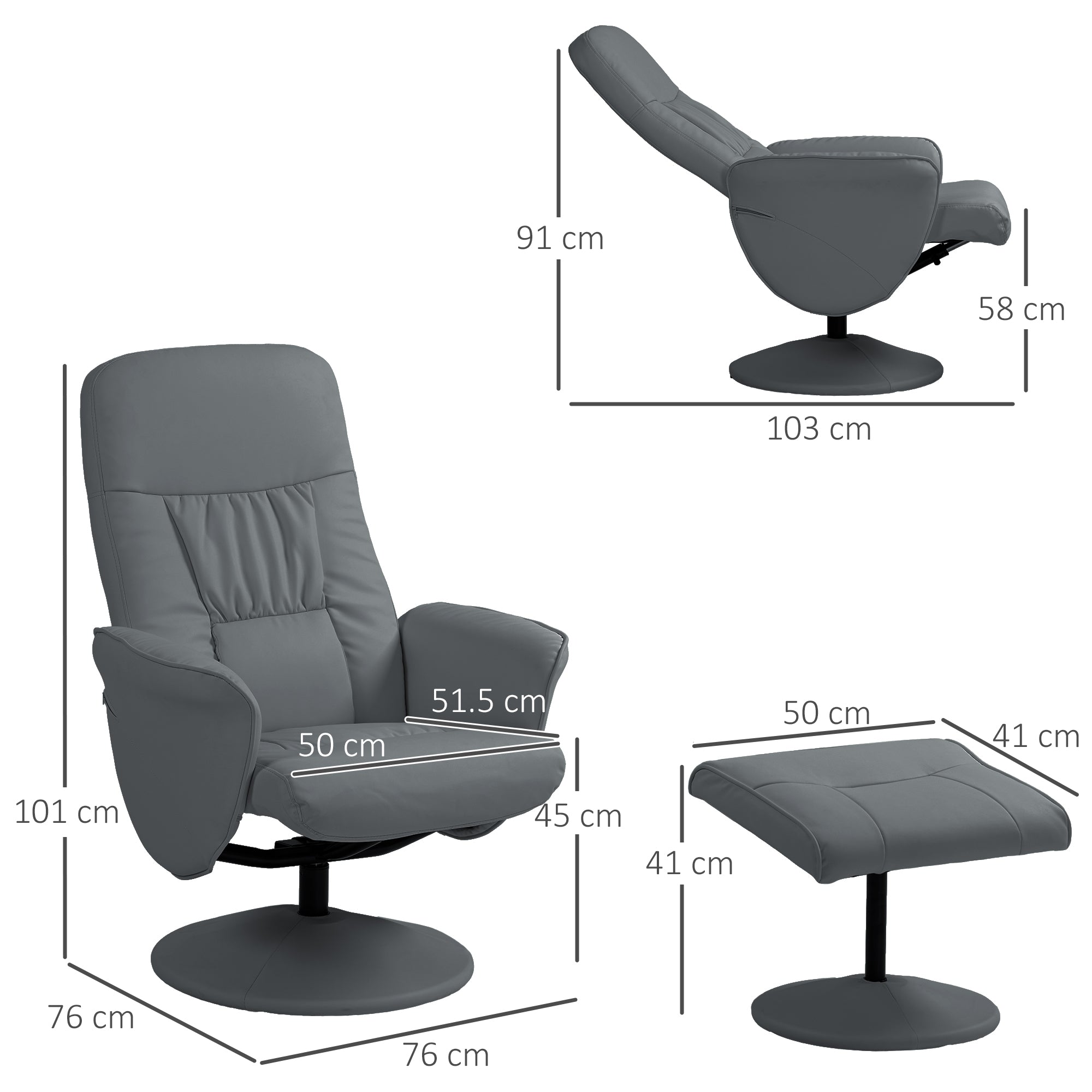 Swivel Recliner Chair with Footstool, PU Leather Armchair and Ottoman with High Back and Round Base for Living Room, Grey