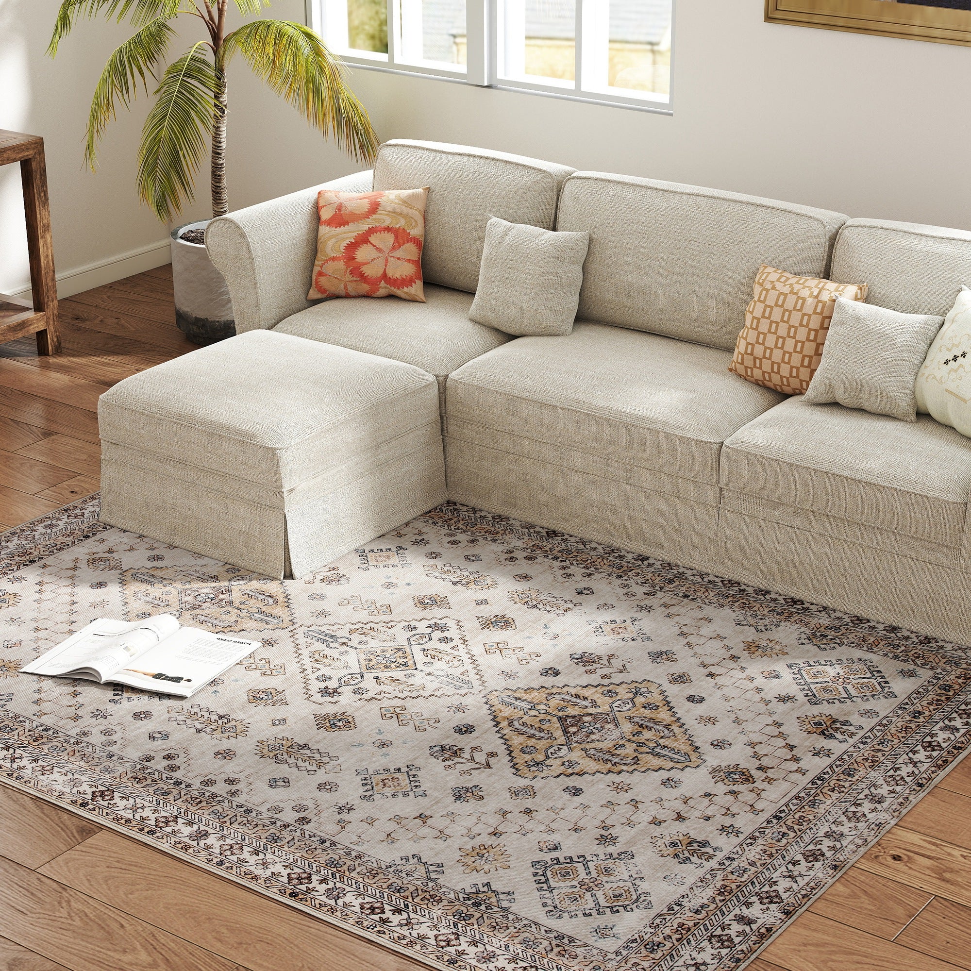 Vintage Area Rug, Non-Slip Washable Rug, Flannel Floor Carpet for Living Room, Bedroom, Dining Room, Home Office, 230 x 160 cm, Beige