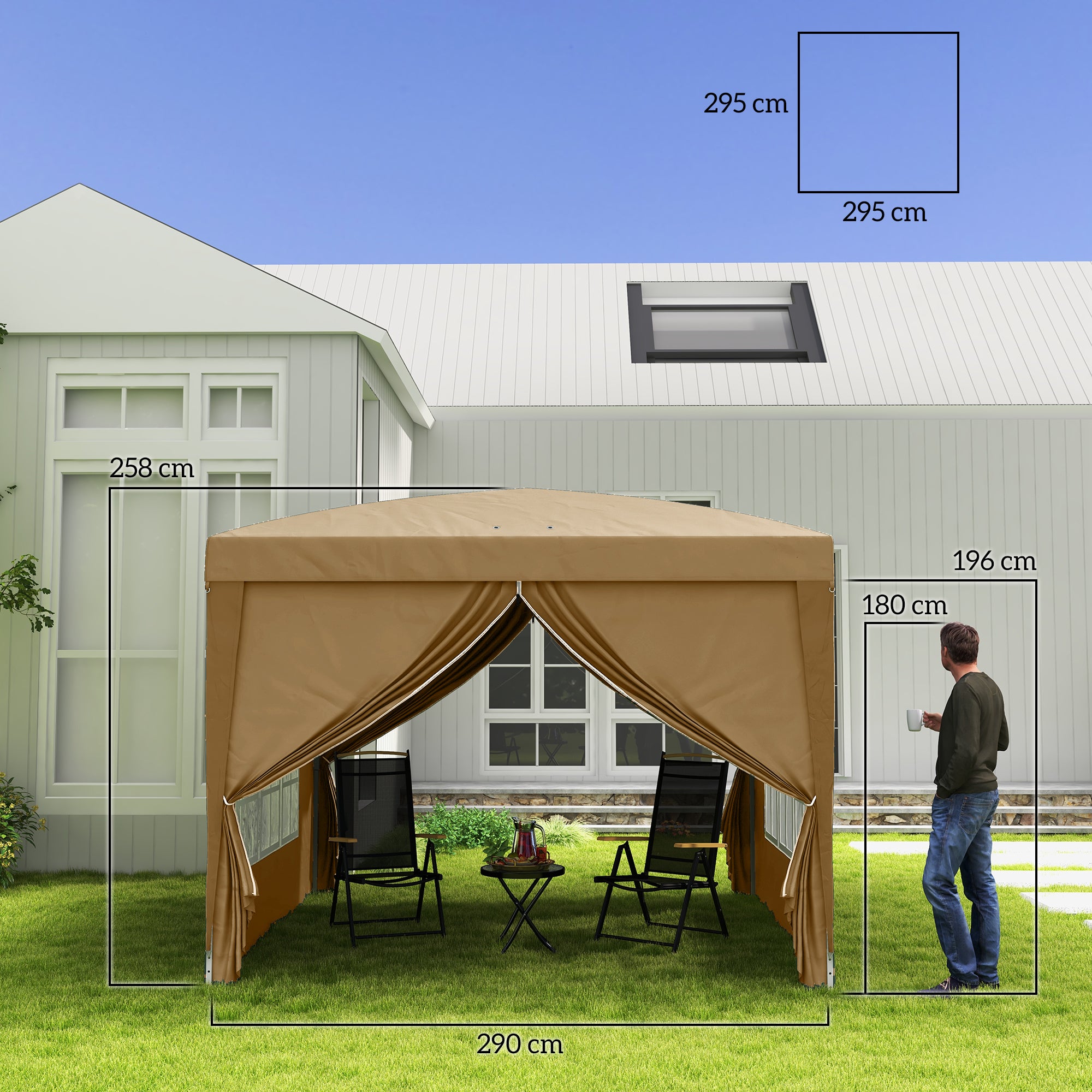 3 by 3 Metre Pop Up Gazebo with Removable Walls - Khaki