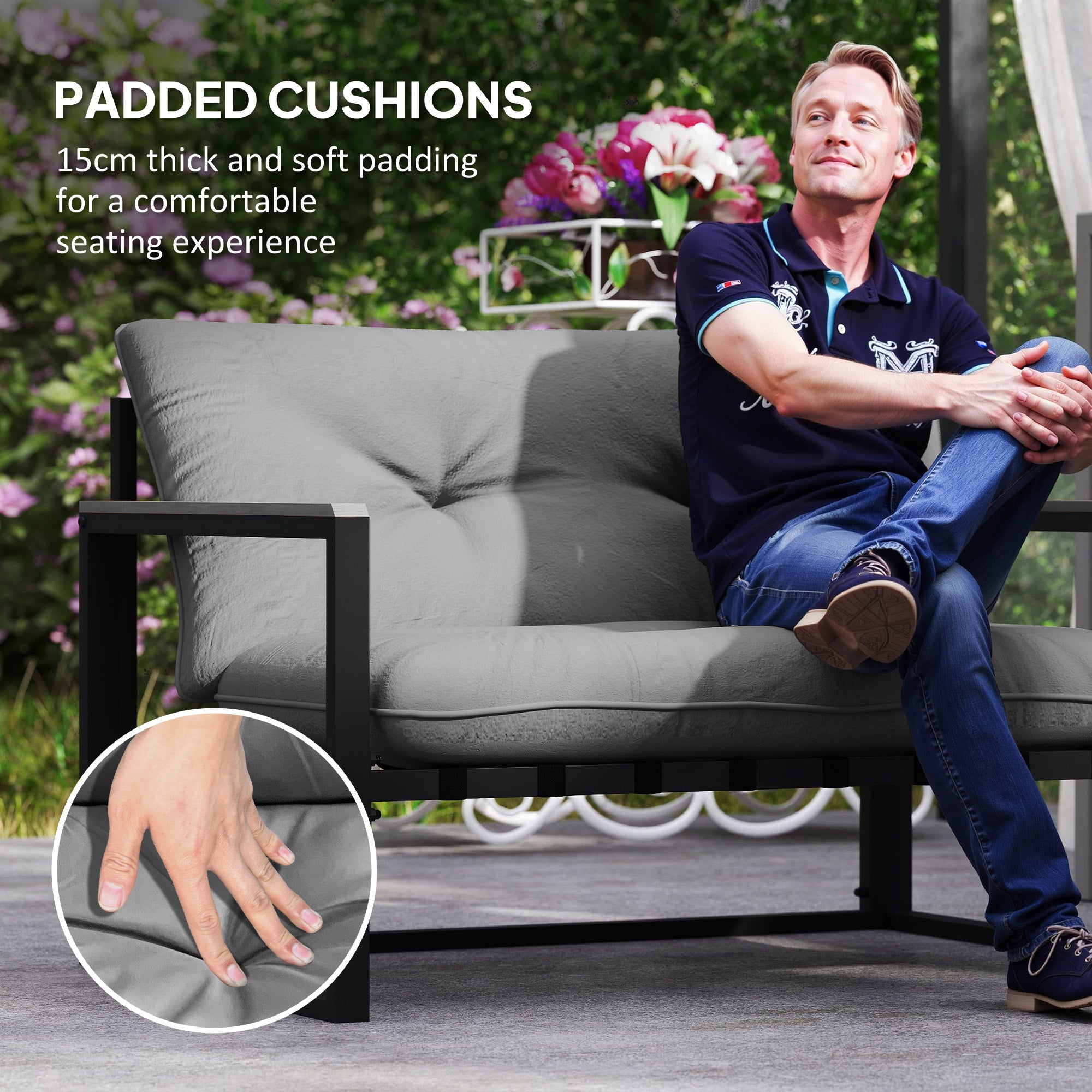 4-Piece Garden Furniture Set with Loveseat, Armchairs & Glass Coffee Table - Dark Grey