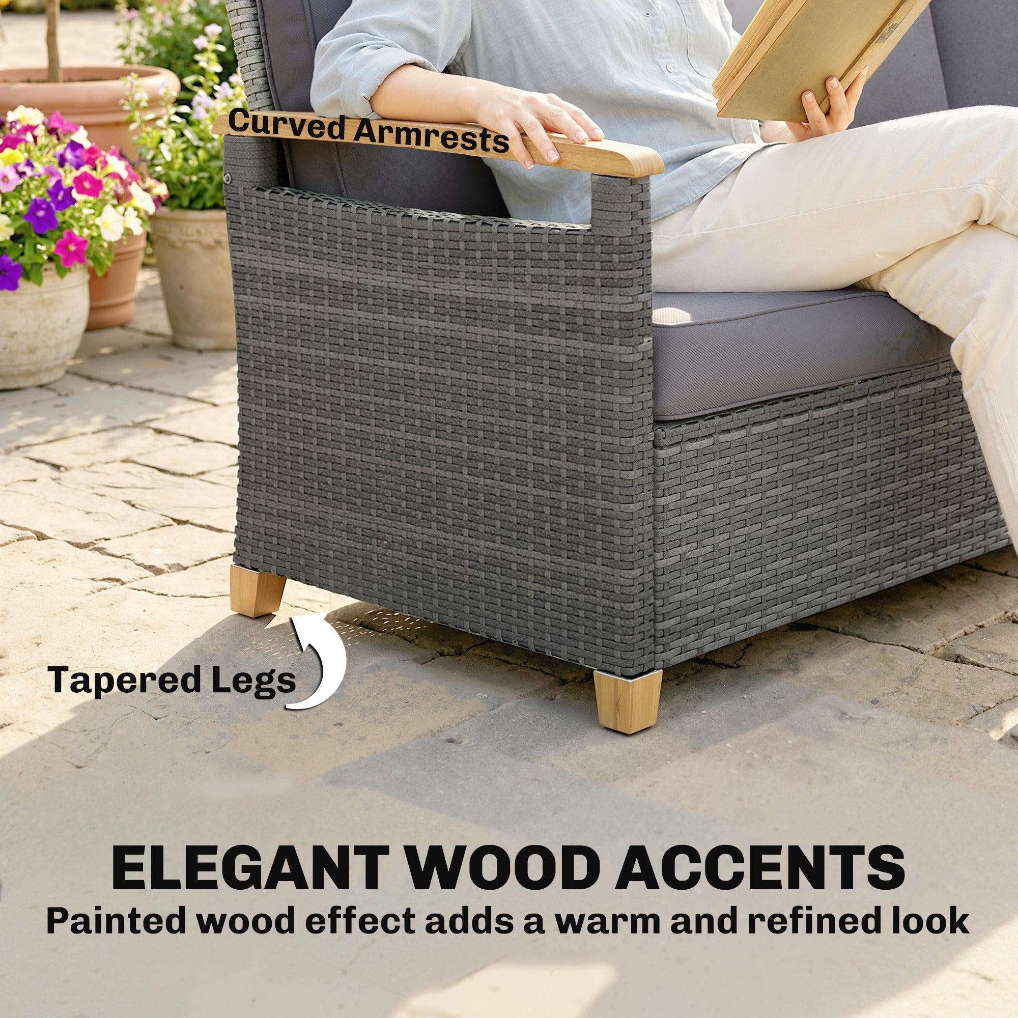 3 Seater Rattan Garden Sofa, PE Wicker Outdoor Sofa Wide Deep Seat, 4" Cushions, Wood-Effect Armrests Legs, Dark Grey