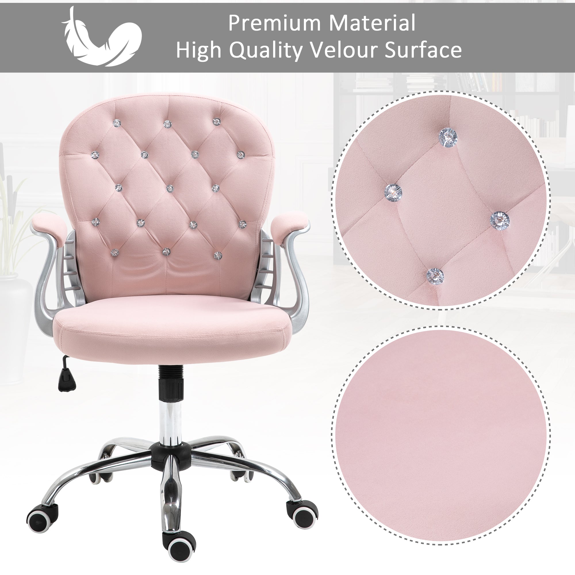 Office Chair, Swivel Desk Chair, Velvet Vanity Chair with Adjustable Height and Rolling Wheels for Home Work Study, Pink