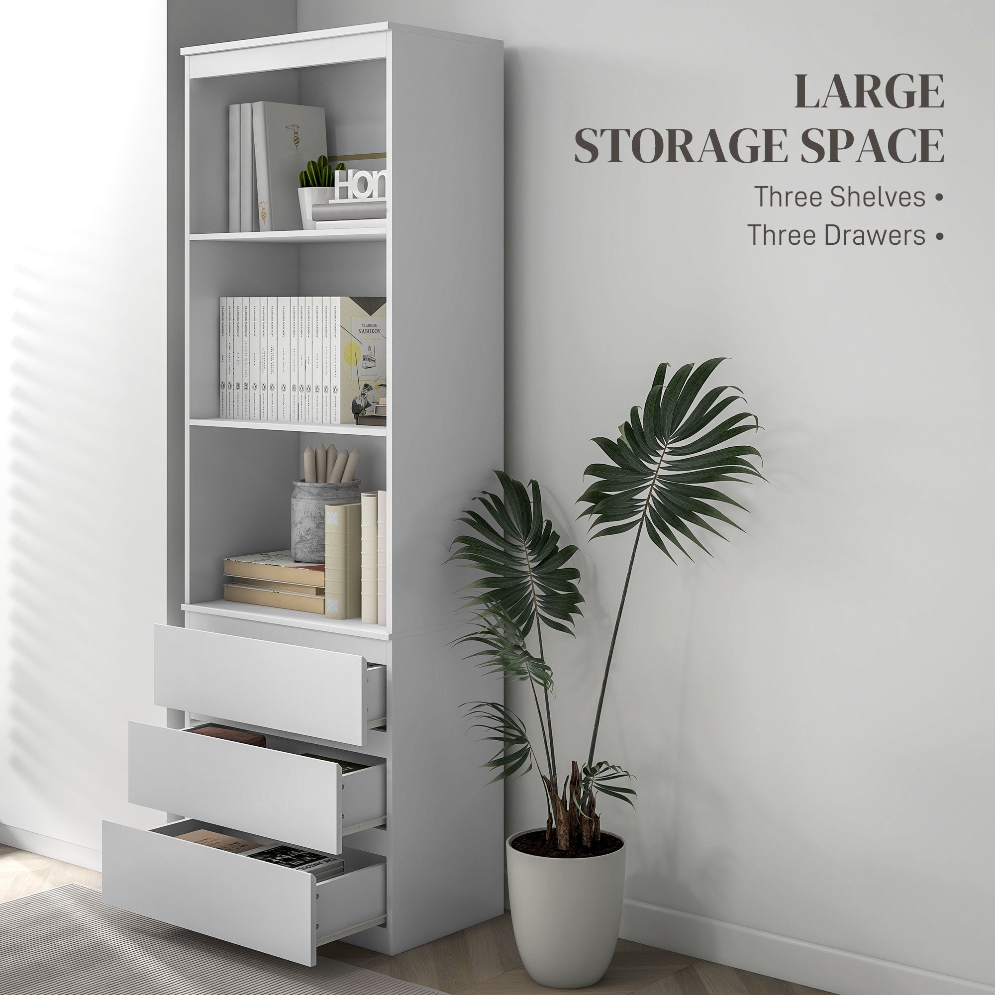 180cm Tall Bookcase, with Shelves and Drawers - White