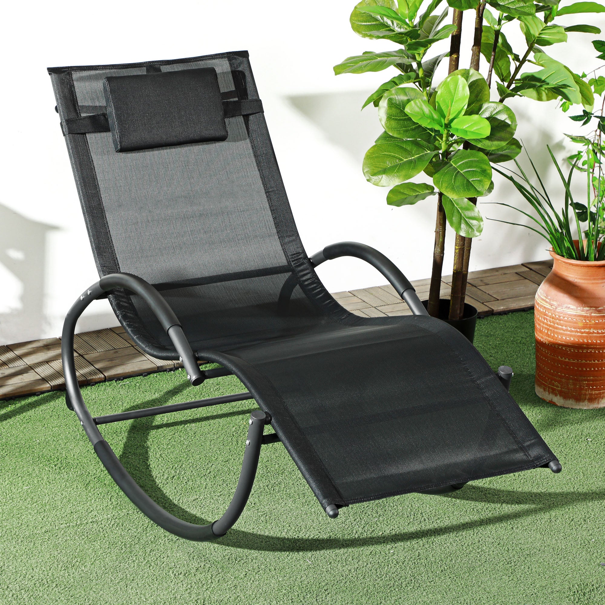 Steel Frame Zero Gravity Rocking Chair, with Pillow - Black