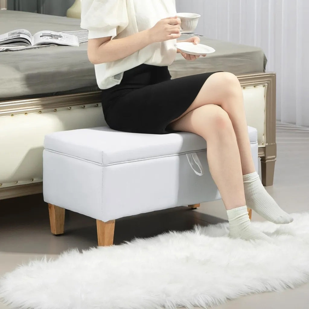 Linen Storage Ottoman Padded Footstool with Rubberwood Legs for Storage Box, Bed End, Shoe Bench, Seating, Cream White