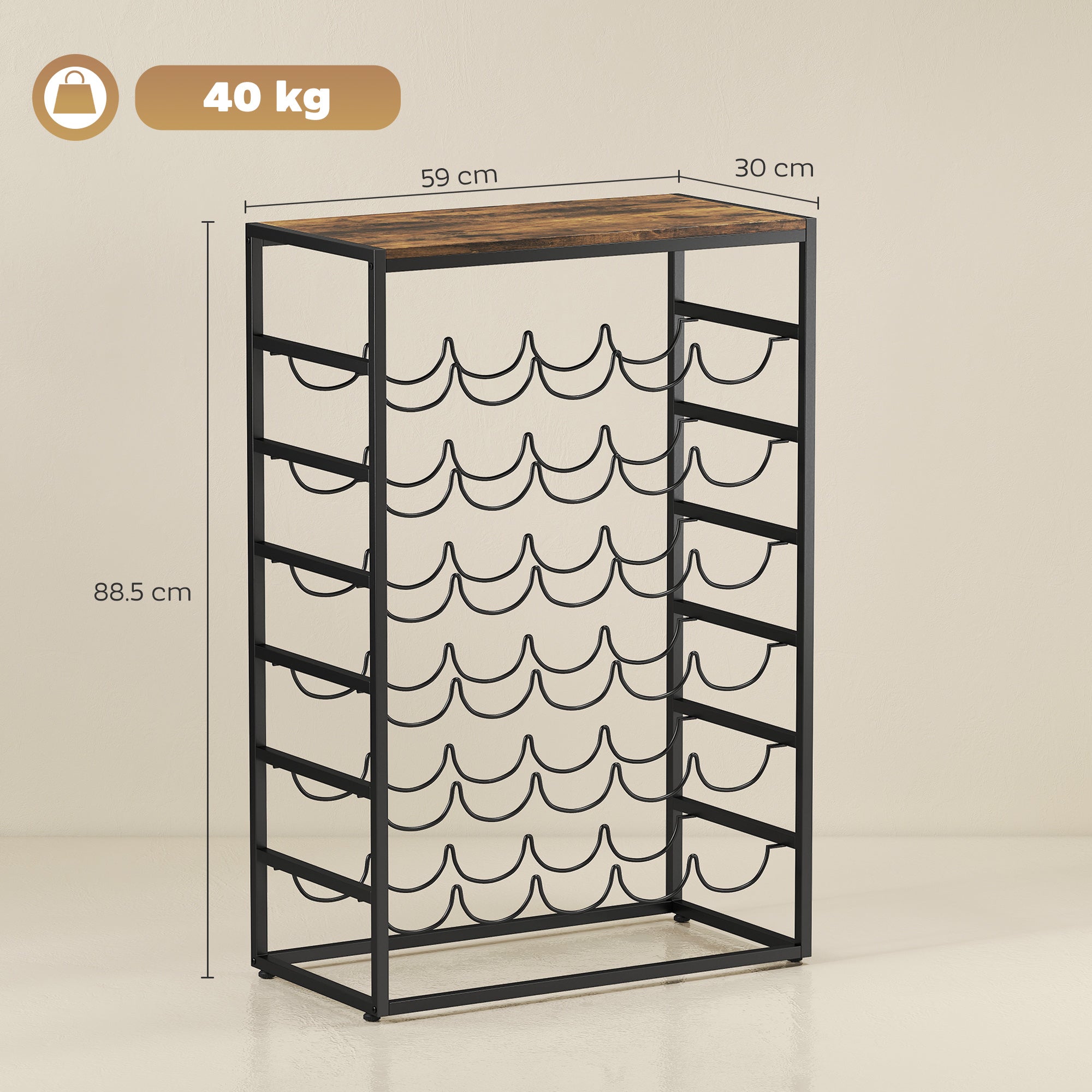 30 Bottles Wine Rack, 6 Tier Free Standing Wine Storage Holder with Wood Effect Tabletop, Rustic Brown