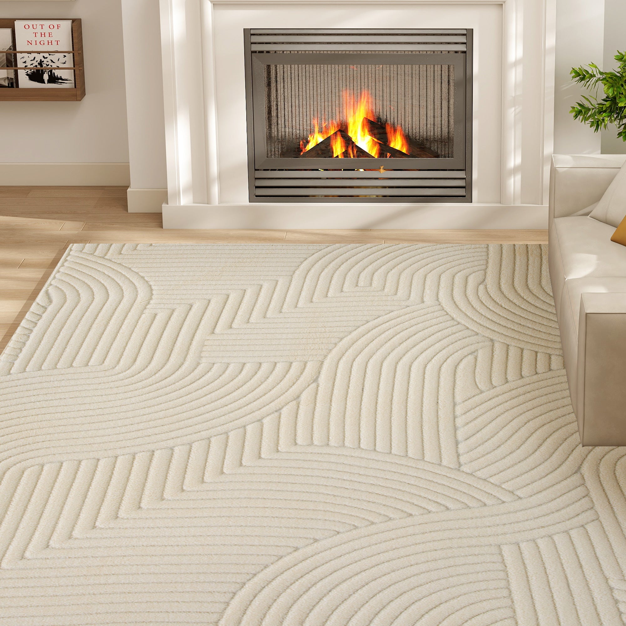 Modern Geometric Rug, Thick Plush, Non-Slip, 160 x 120 cm – Cream, Living Room/Bedroom/Office