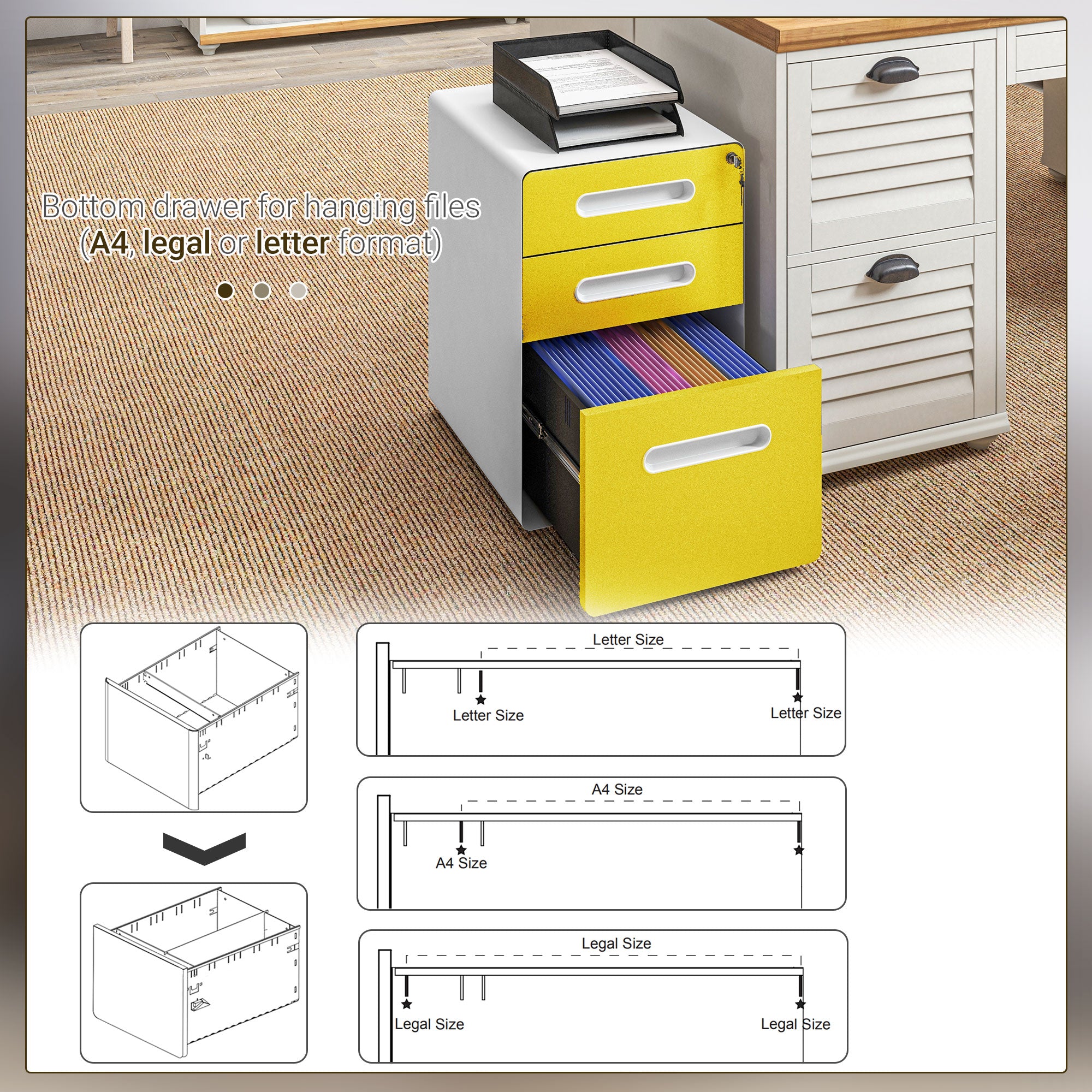 3 Drawer Filing Cabinet, Steel Lockable File Cabinet with Lock and Wheels, for A4, Letter, Legal Sized Files, Yellow