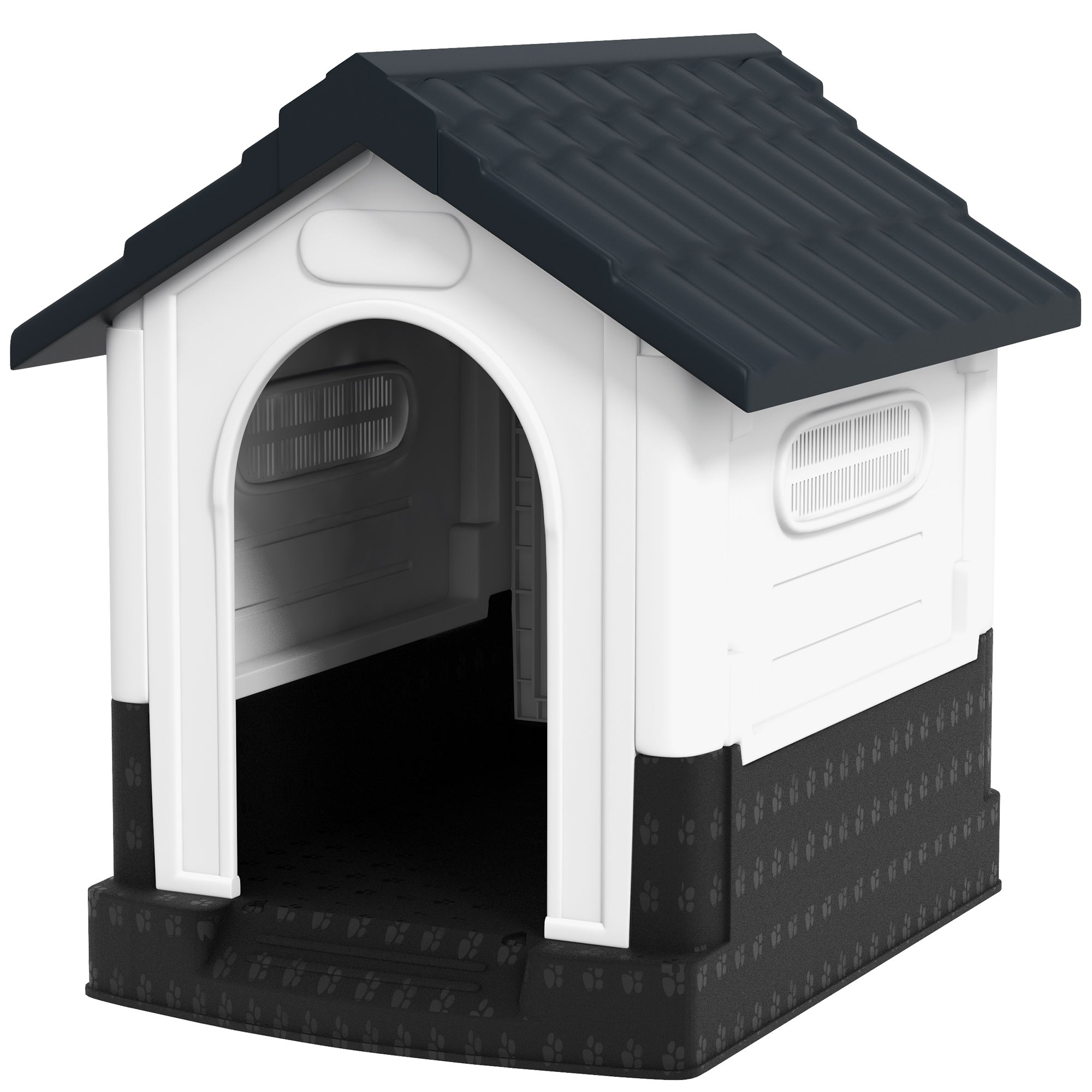 Plastic Dog Kennel with Windows, for Garden Patio, Miniature Dogs, 64.5 x 57 x 66cm - Grey