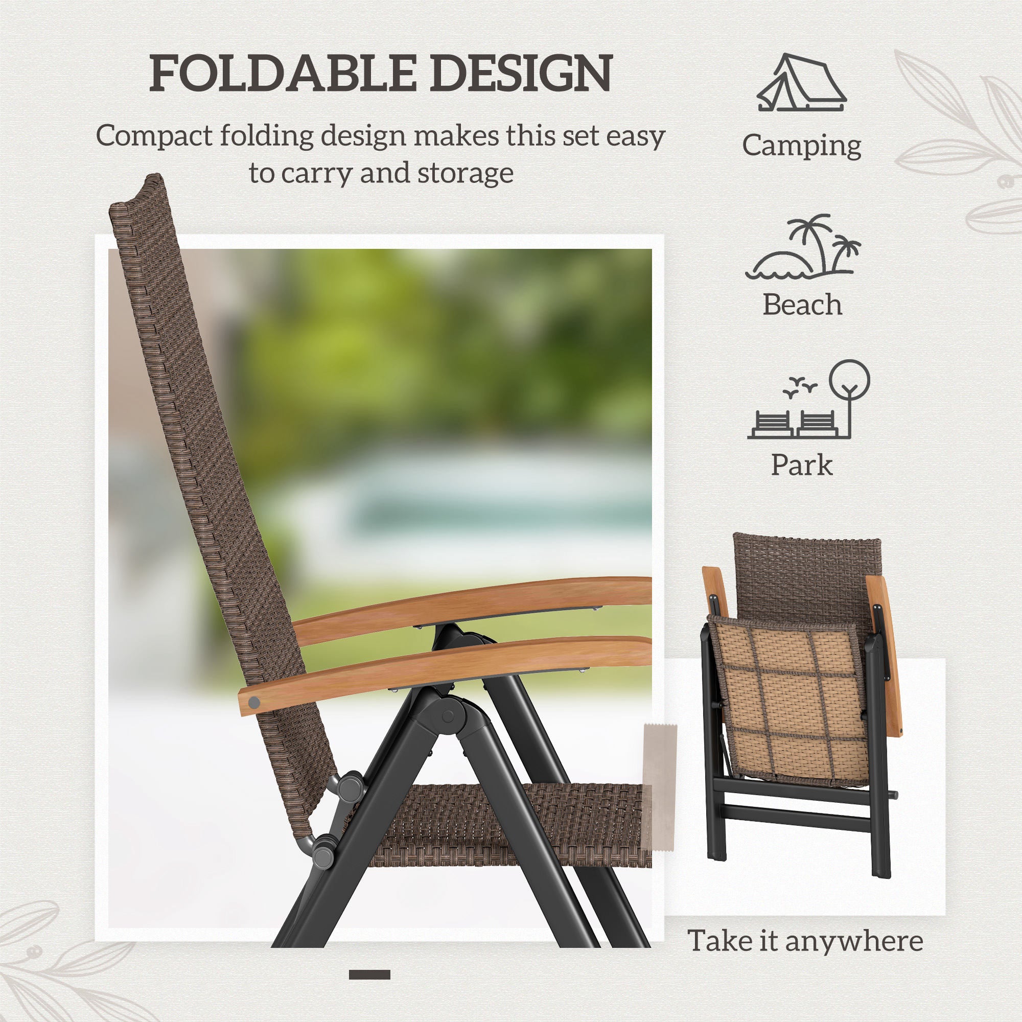 2 Pieces Outdoor Foldable Dining Chair with Armrests, High Backrest, for Garden, Camping, Balcony, Brown