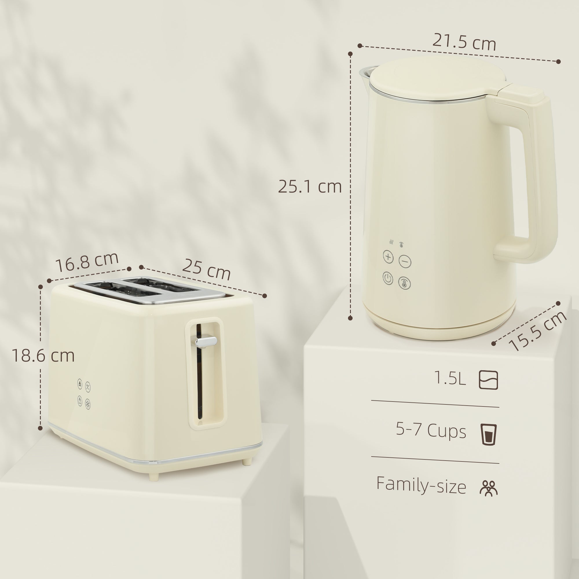 Digital Stainless Steel Kettle and Toaster Set, 1.5L 3000W Fast Boil Kettle, 2 Slice Toaster with 7 Level Browning Controls, Defrost, Reheat, Keep Warm, Crumb Tray and LED Touch Display, Beige