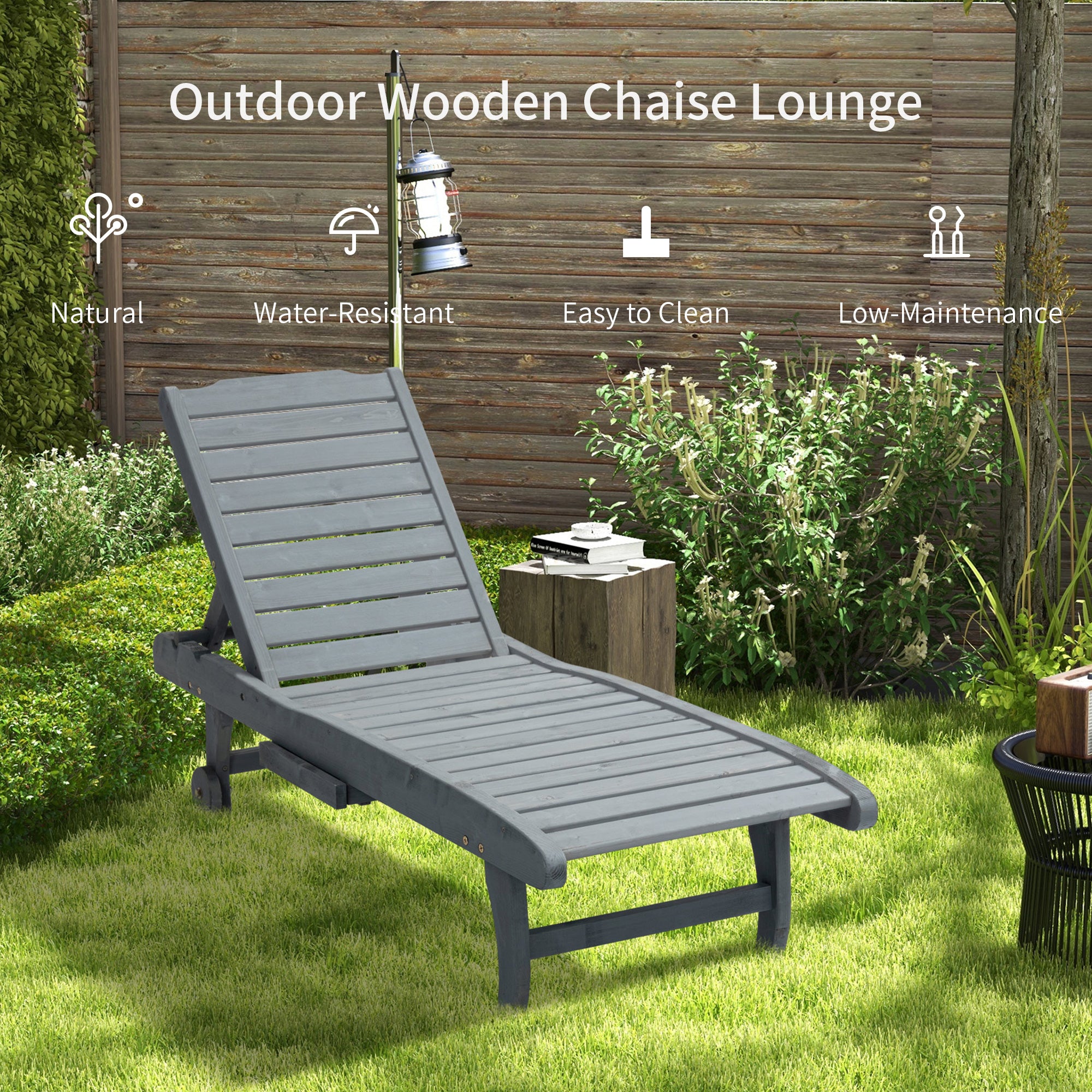 Garden Patio Sun Lounger, Outdoor Wooden Sun Bed with Built-In Table, Reclining Backrest and Rolling Wheels for Sunbathing, Grey