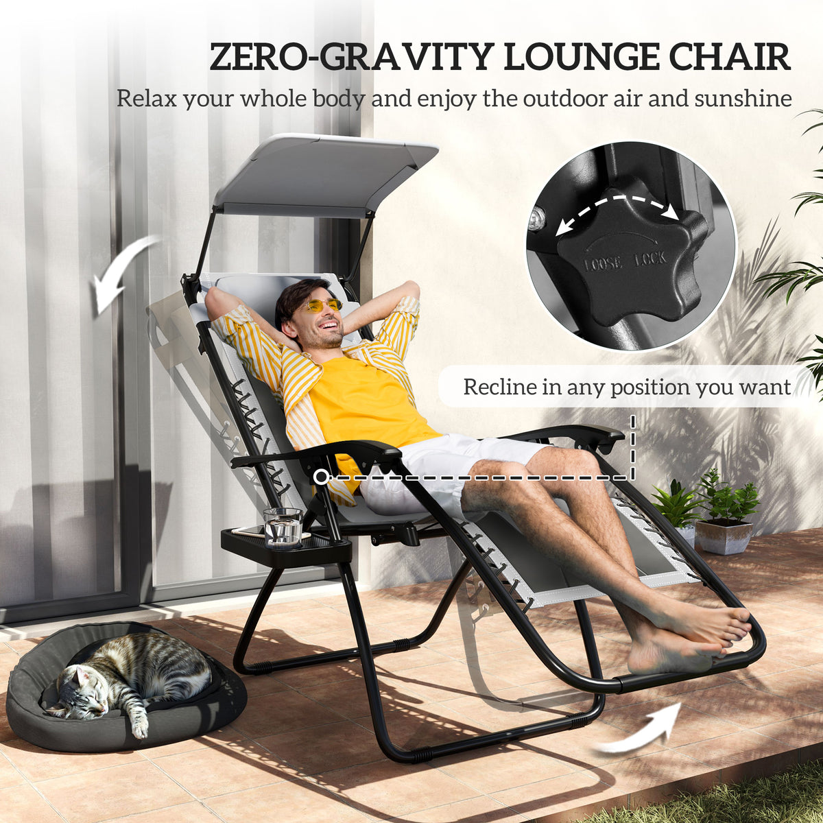 Set of 2 Zero Gravity Reclining Lounger Chairs with Adjustable Shade Cover - Light Grey